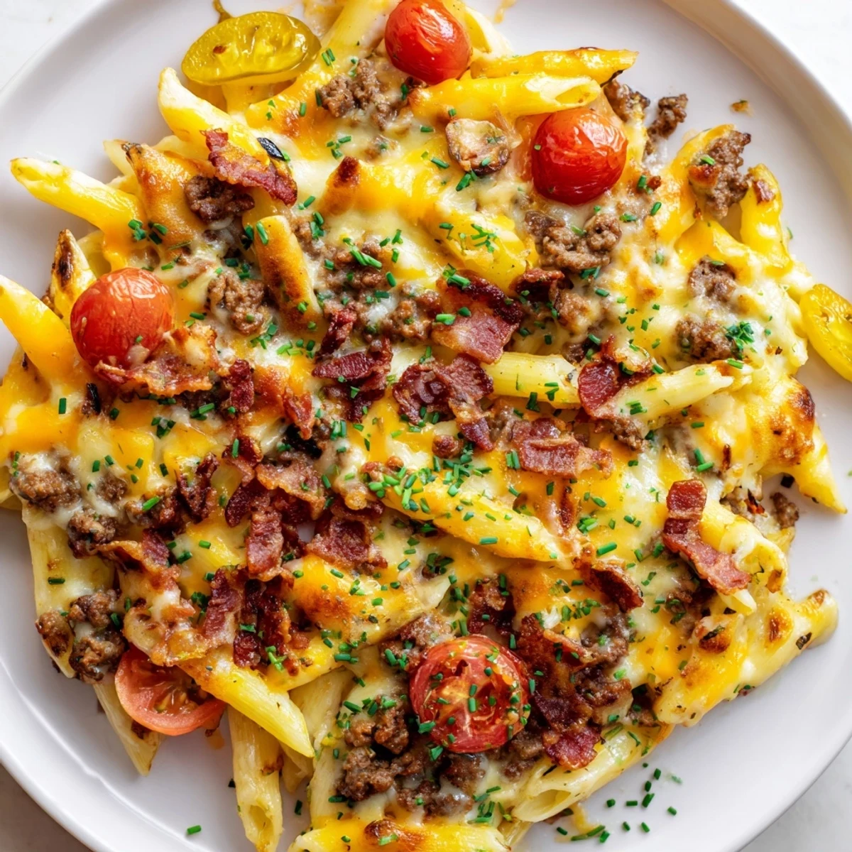 Bacon Cheeseburger Pasta Bake bubbling with melted cheese, a comforting casserole with savory flavors.