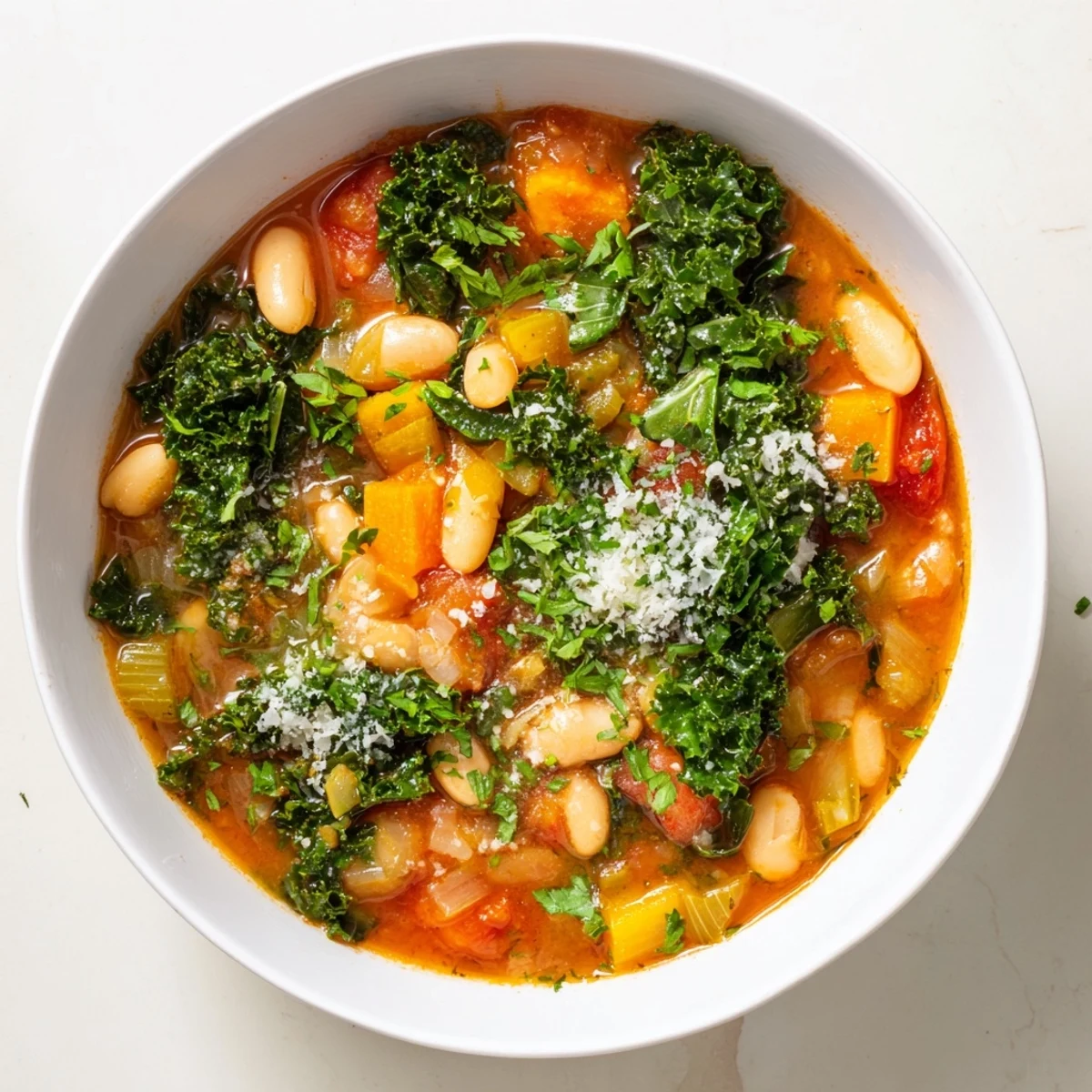 Steaming bowl of Italian Bean & Kale Stew, showcasing rustic textures and comforting aromas.