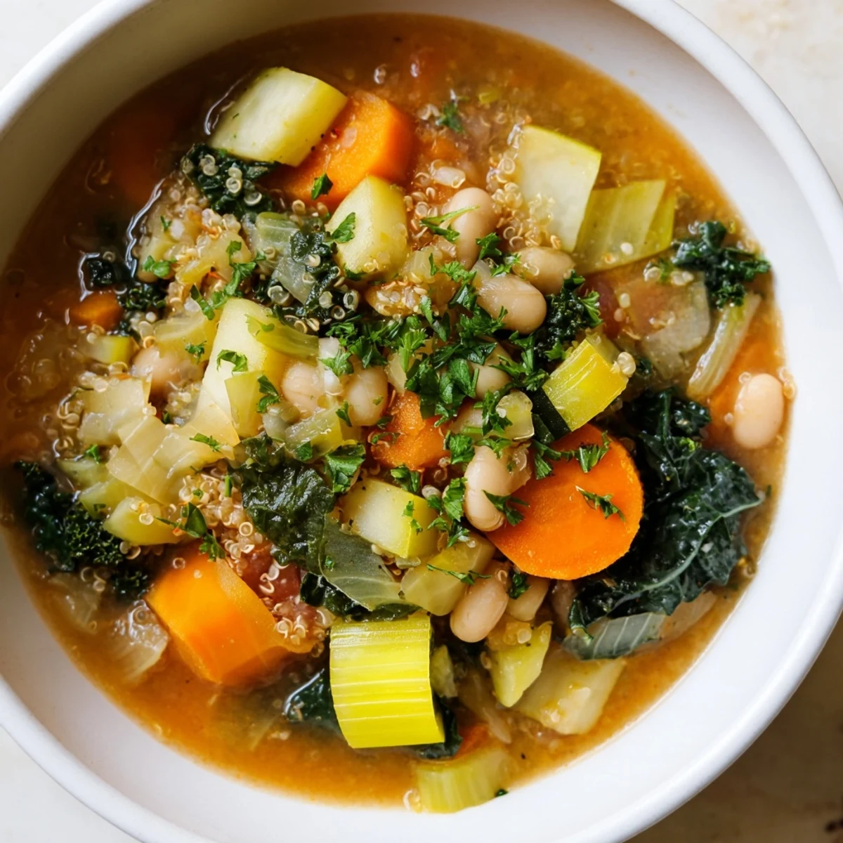 Delicious, homemade Minestrone with Quinoa & Winter Greens, perfect for a cozy, healthy vegetarian meal.