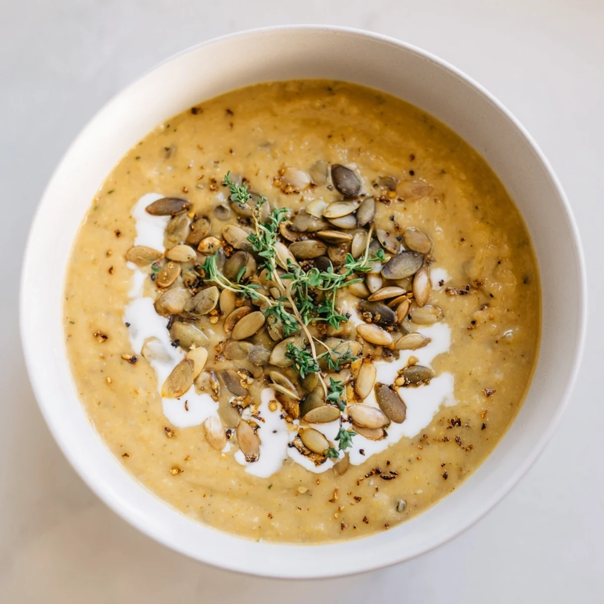 Creamy roasted acorn squash soup, a golden, smooth texture, served warm in a bowl.