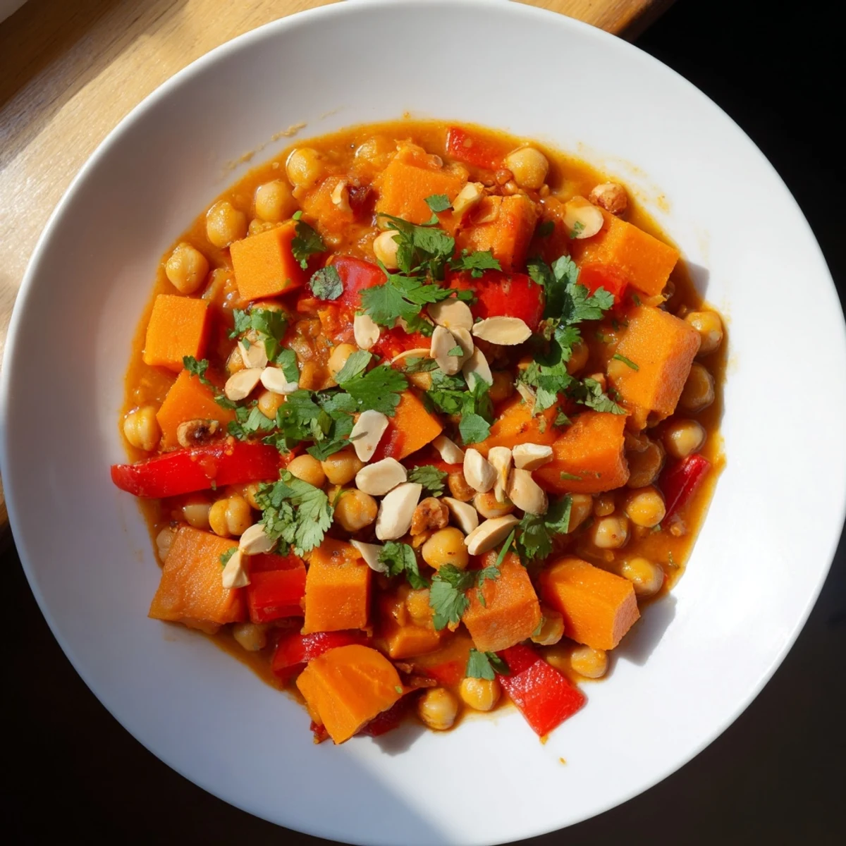 Bright, comforting Moroccan Chickpea & Sweet Potato Tagine, with hints of cilantro and almonds.