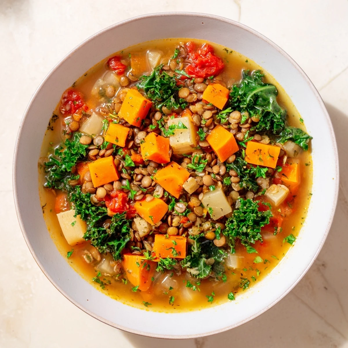 Hearty close-up of Winter Vegetable & Lentil Soup, offering a comforting view of the nutritious ingredients.