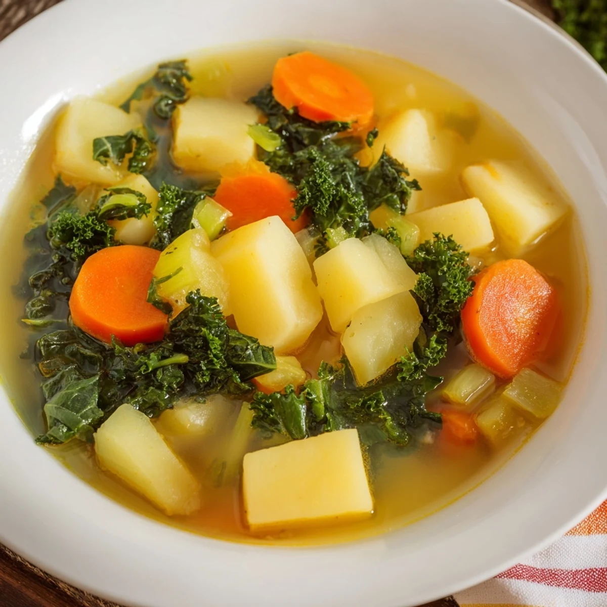 A close-up of the flavorful Vegetarian Potato-Kale Soup, showcasing soft potatoes and vibrant kale.