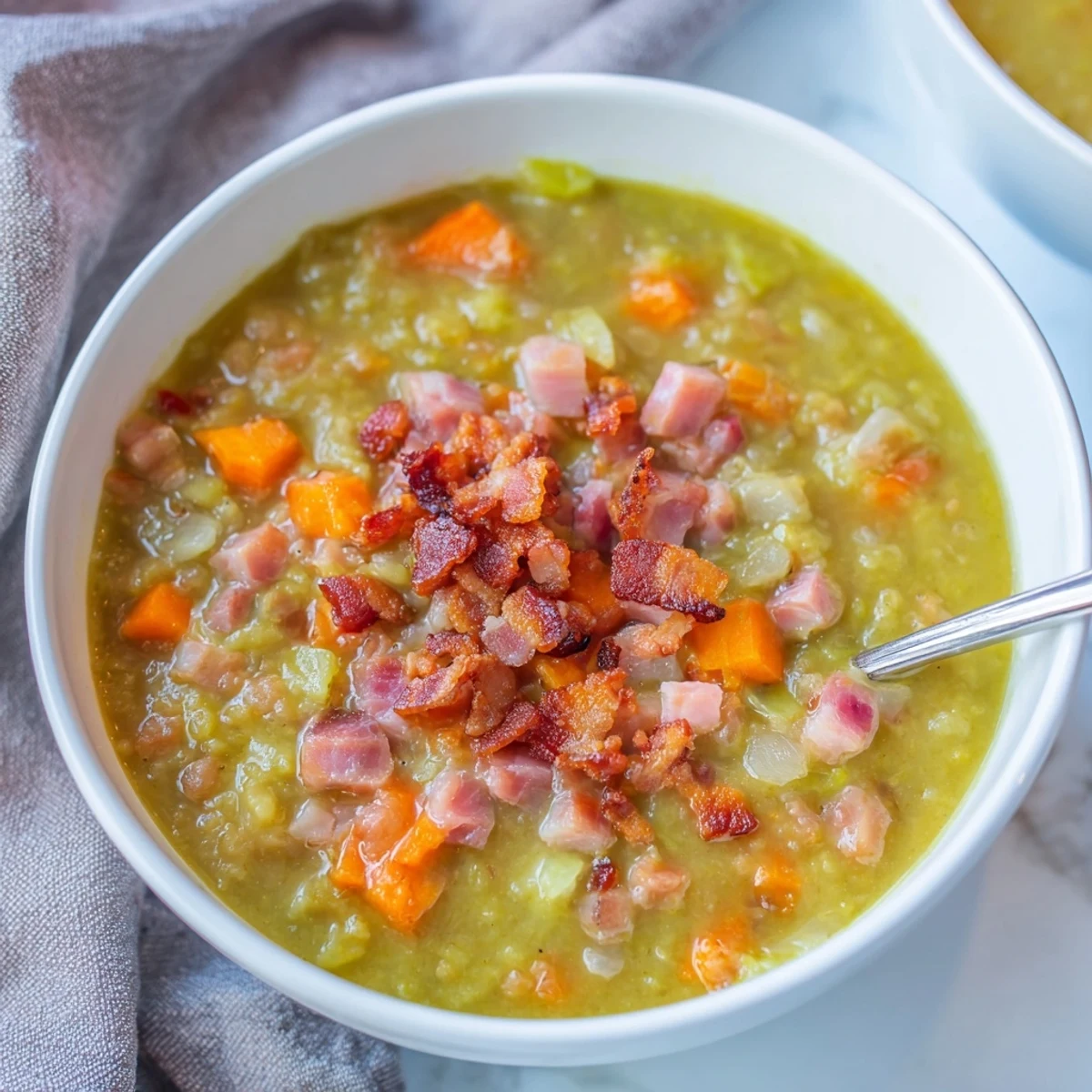 Close-up of hearty Split Pea Soup with Canned Ham and bacon, garnished and ready to serve.