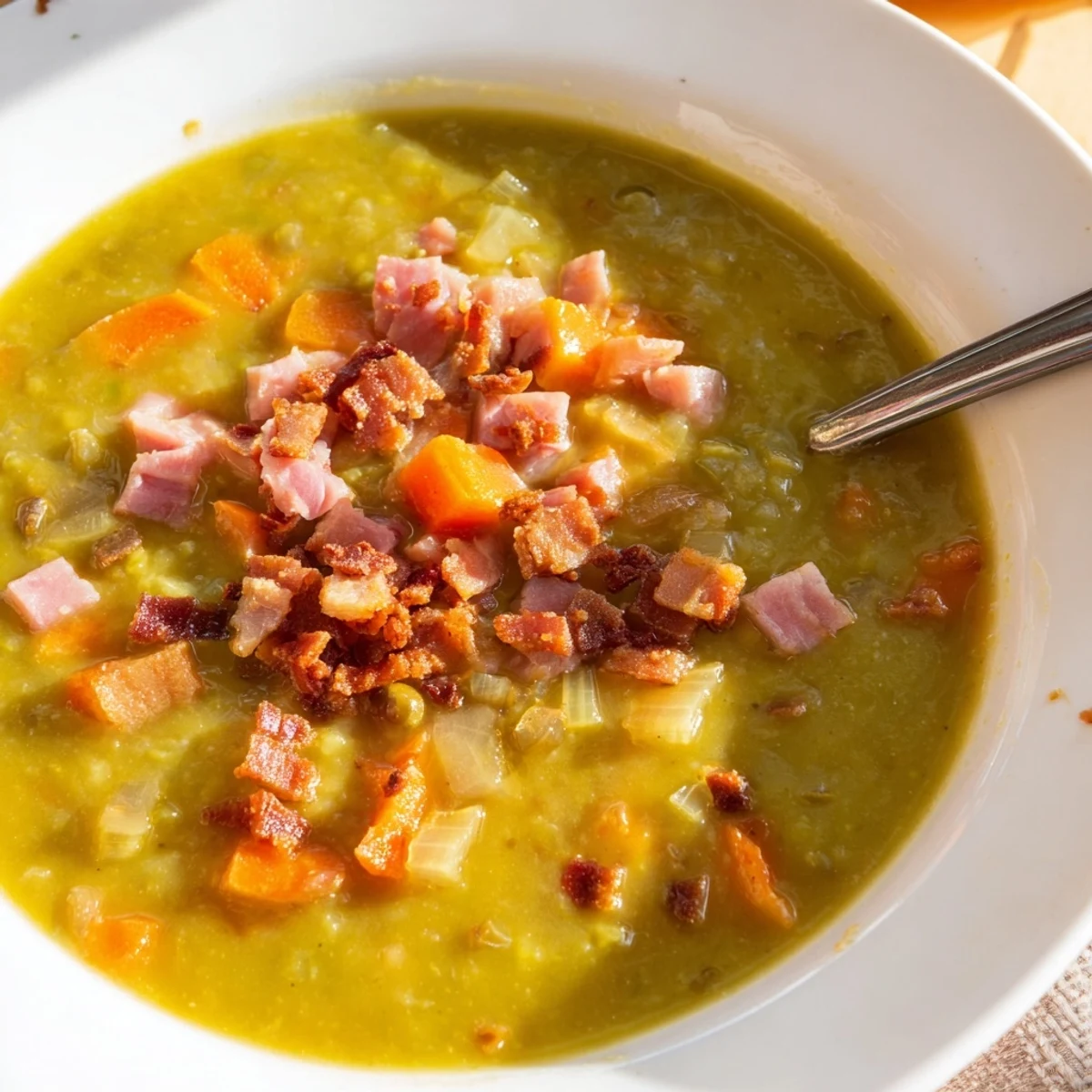 A warm bowl of Split Pea Soup brimming with ham, bacon and vegetables, perfect for a cold evening.