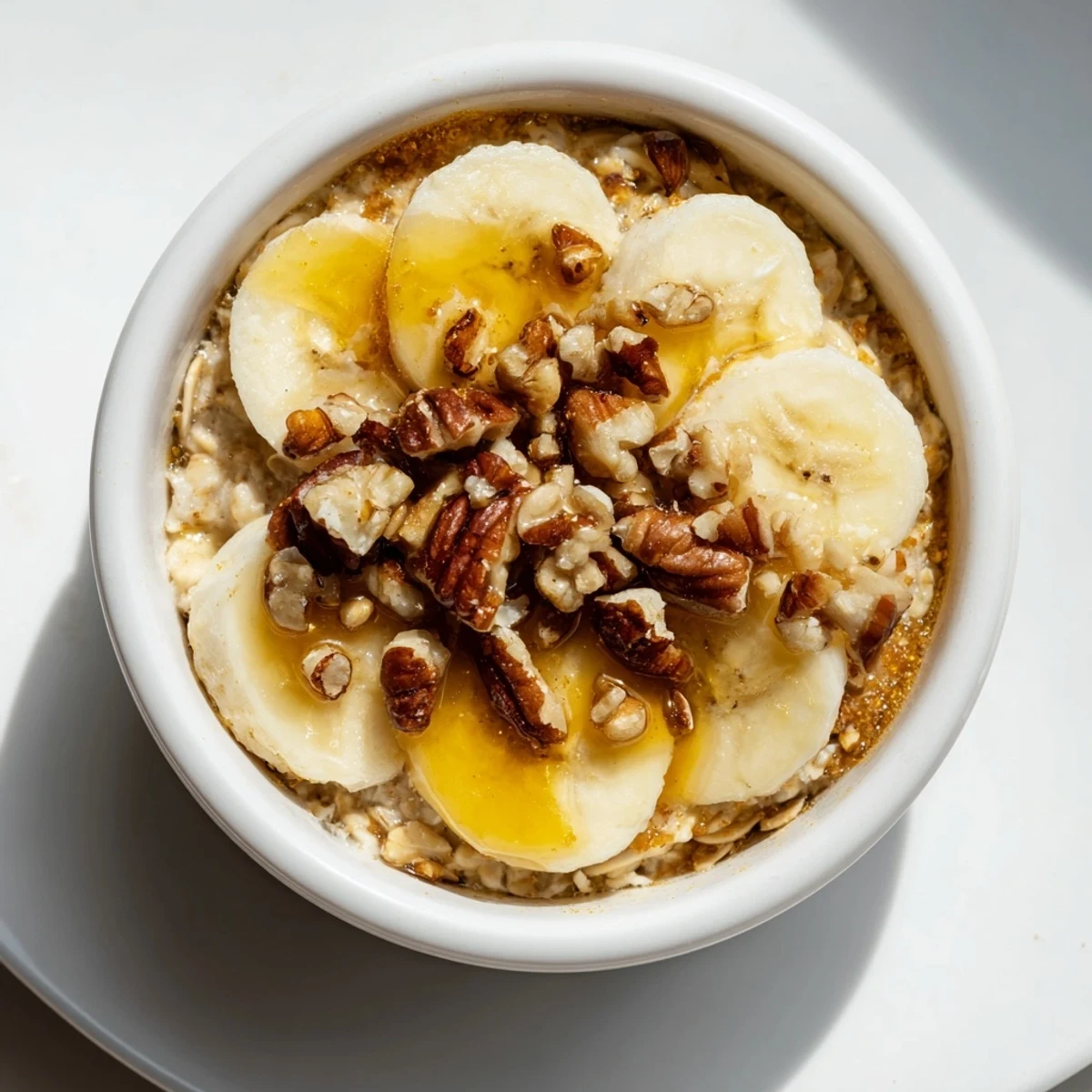 Golden-brown baked oats ramekins with a caramelized banana topping, drizzled sweetly with honey.