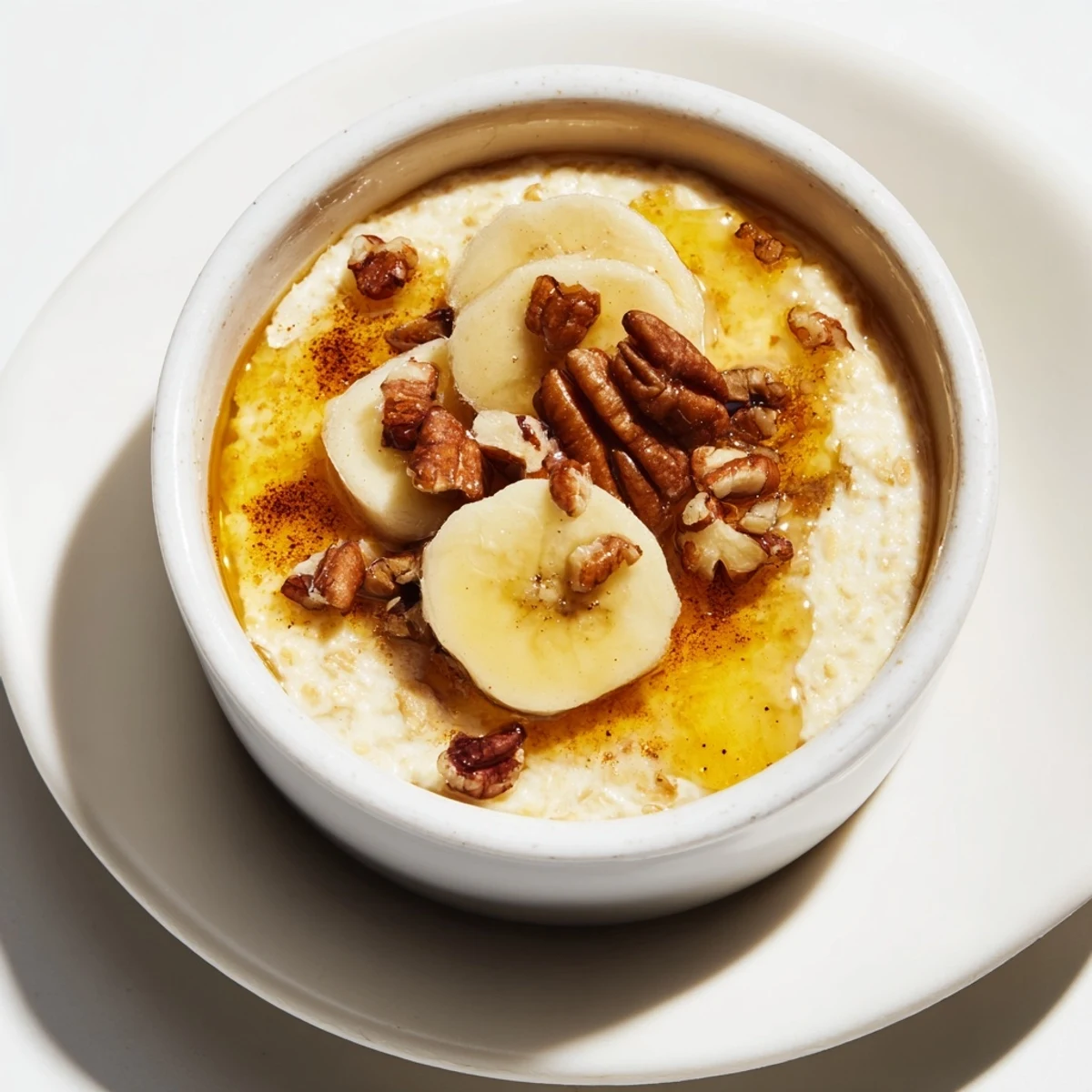 Individual ramekins of baked oats, a hearty American breakfast, featuring slices of fresh banana.