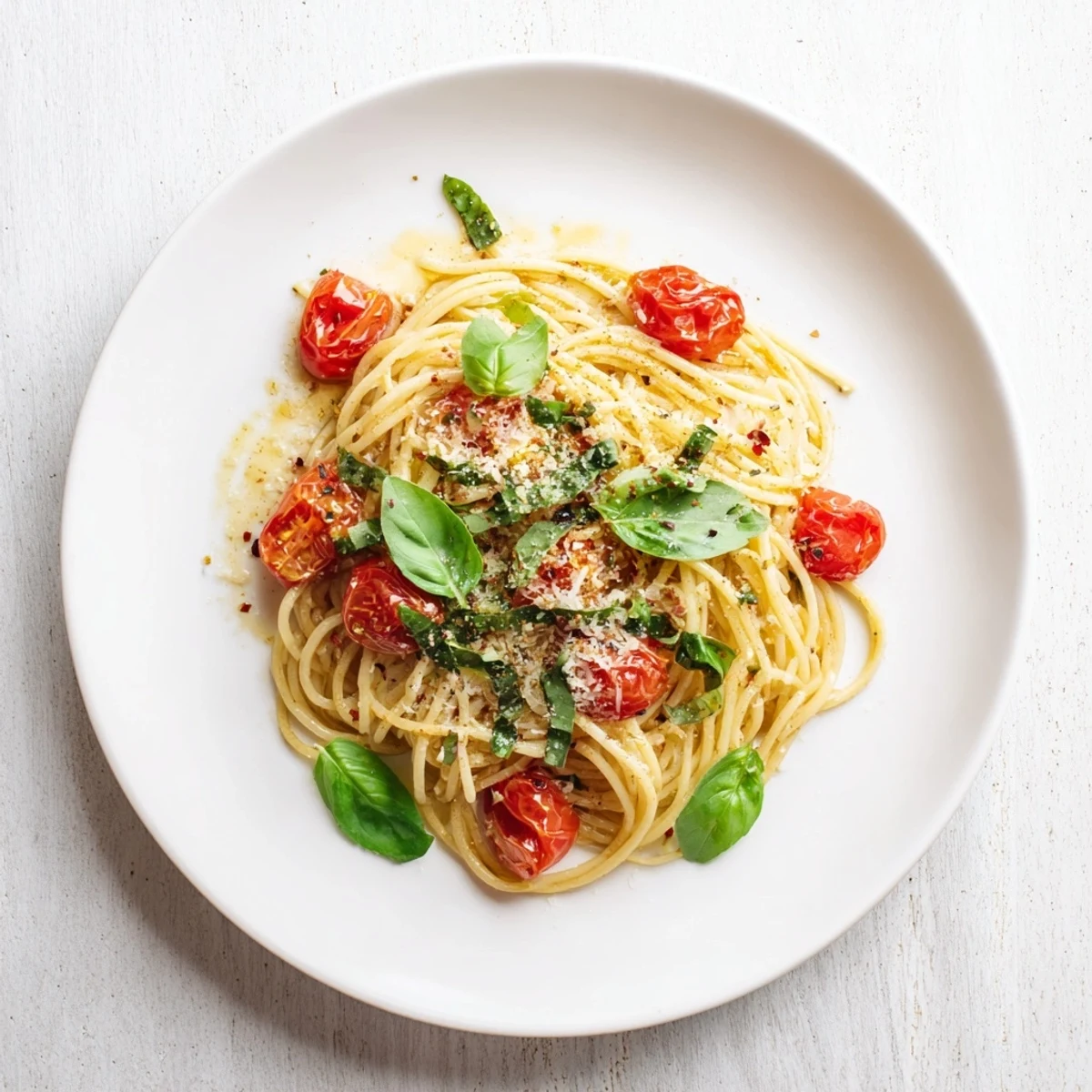 Golden, fragrant Lazy-Girl Pasta with glistening tomatoes and a sprinkle of Parmesan ready to serve.