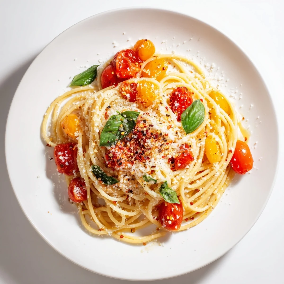 Beautiful bowl of ready-to-eat Lazy-Girl Pasta, featuring juicy cherry tomatoes and savory garlic, yum!