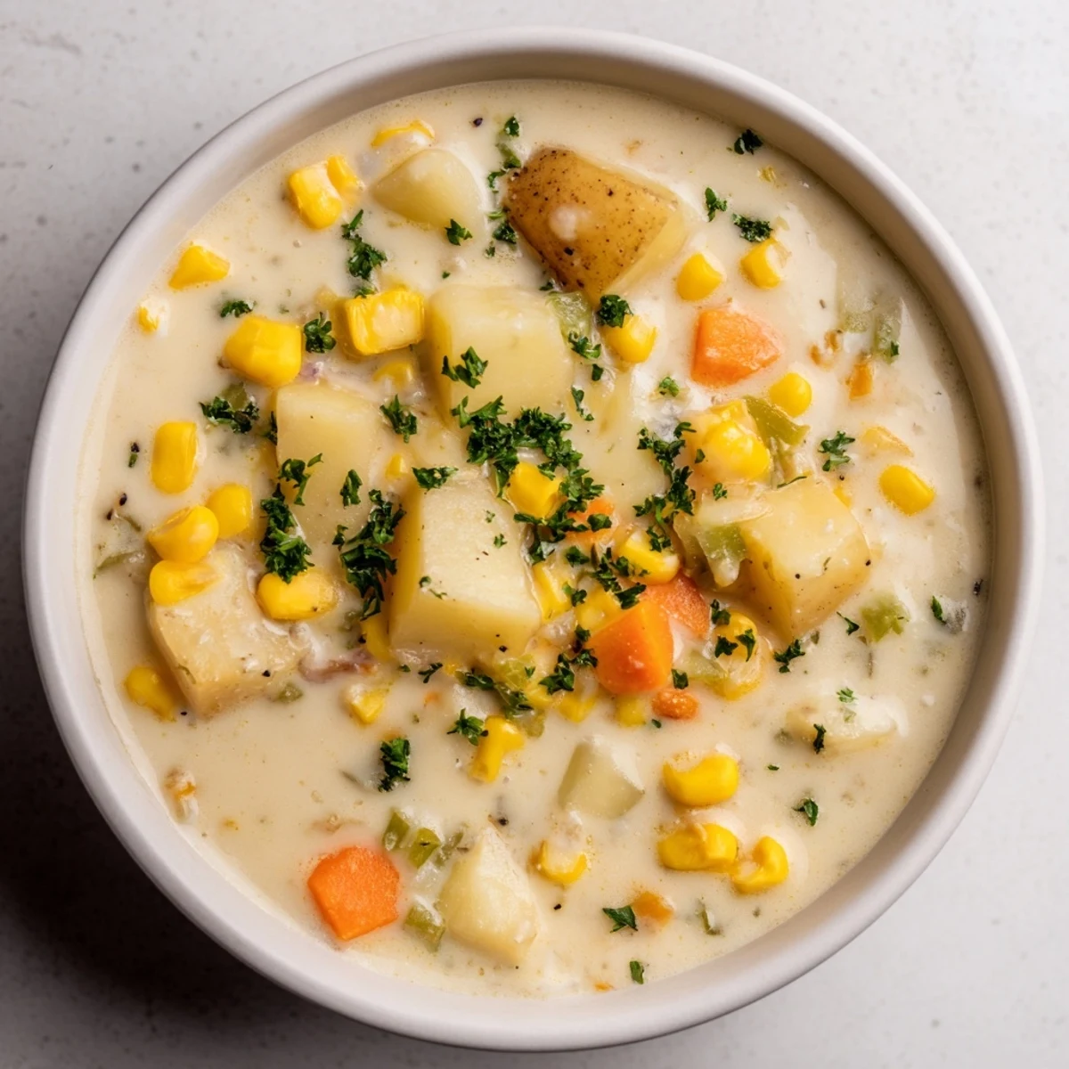 Close up shows a steaming bowl of Corn & Potato Chowder, perfect for a cozy, cold night.