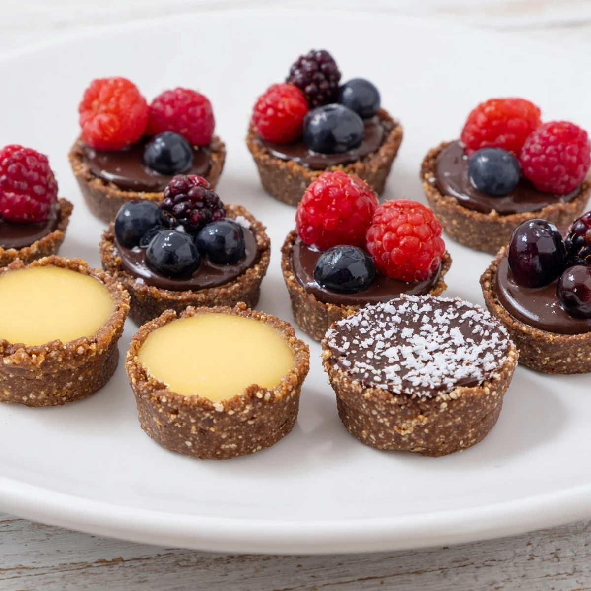 Mini Dessert Bites Trio featuring a vibrant mix of cheesecakes and tarts, ready to serve.