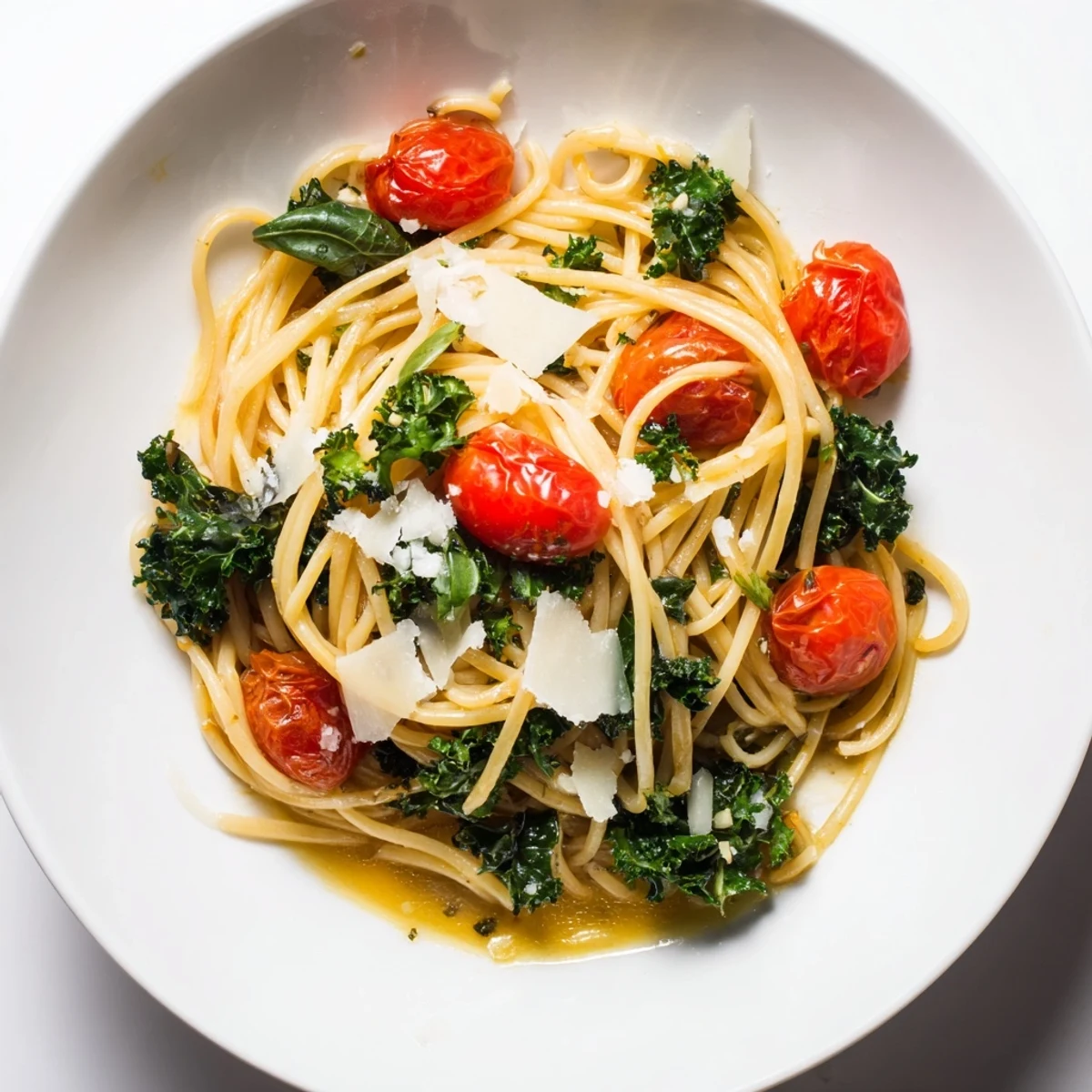 Steaming one-pot spaghetti with kale boasts vibrant tomatoes, herbs, and perfectly cooked pasta for dinner.