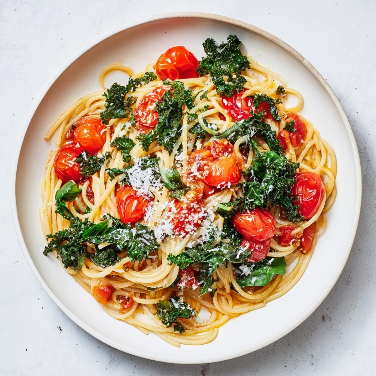 Serving a generous portion of one-pot spaghetti with kale, garnished with fresh basil and Parmesan cheese.