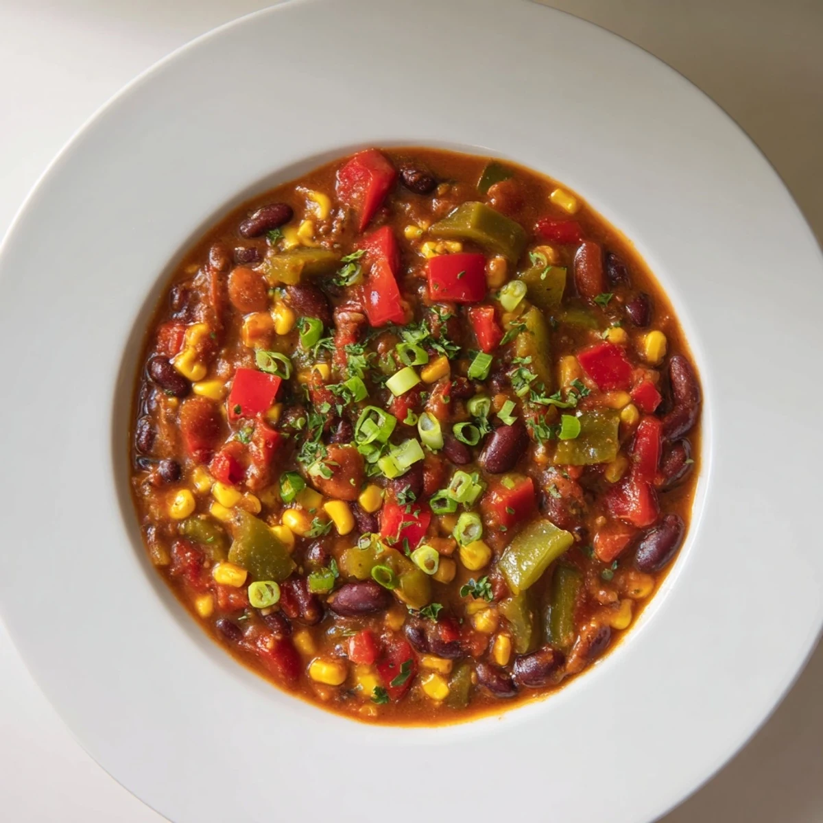 Close-up of bubbling veggie chili with beans, vegetables, and aromatic spices ready to eat.