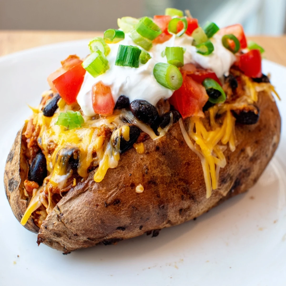 Fluffy loaded baked potato with chili, cheese, beans, and fresh green onions is ready to eat.