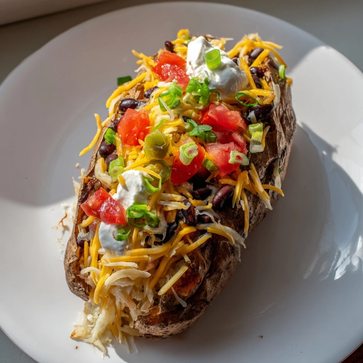 Hot, flavorful loaded baked potato is bursting with chili and topped with fresh, vibrant tomatoes.