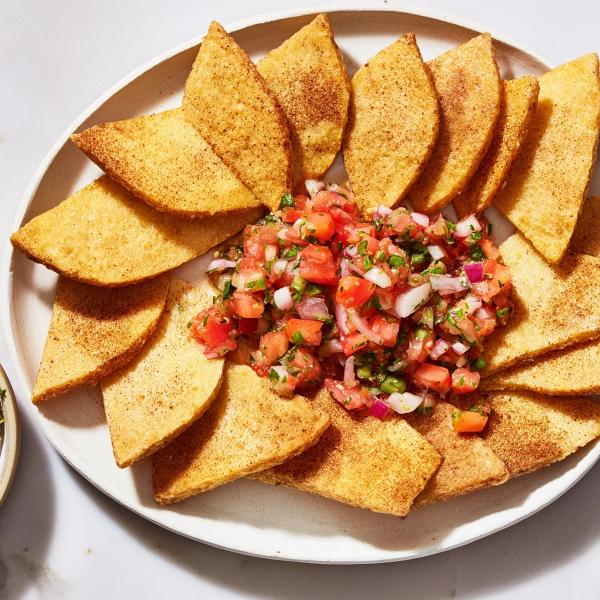 Golden, crispy air-fryer tortilla chips ready to be dipped into a vibrant fresh salsa.