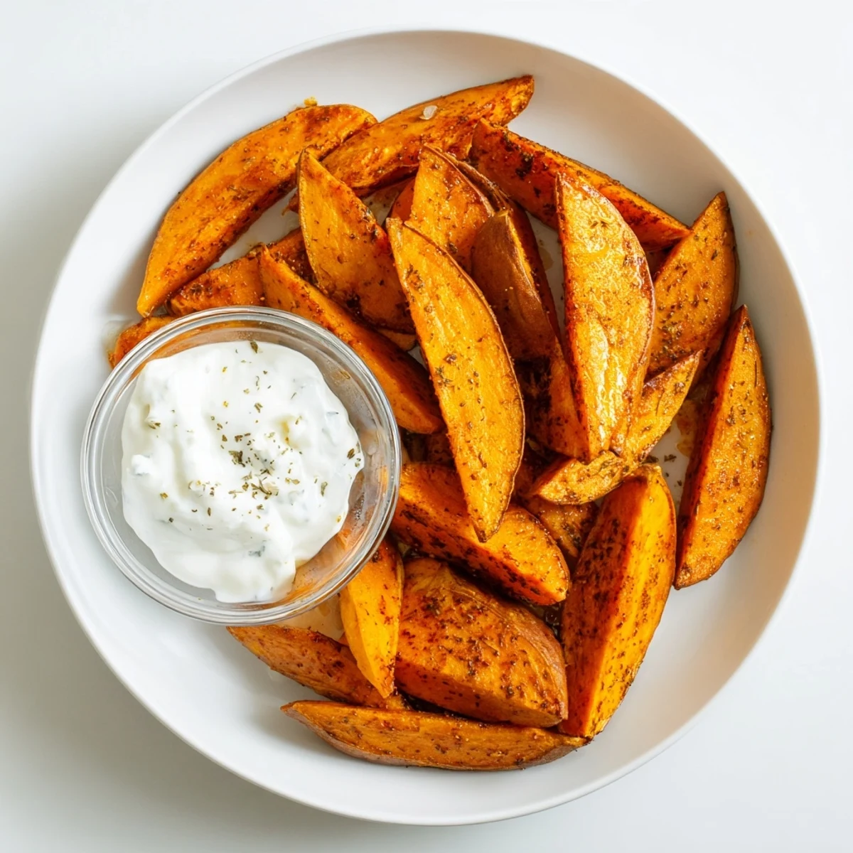 Golden roasted sweet potato wedges glistening, served with a creamy, herbed yogurt dip.