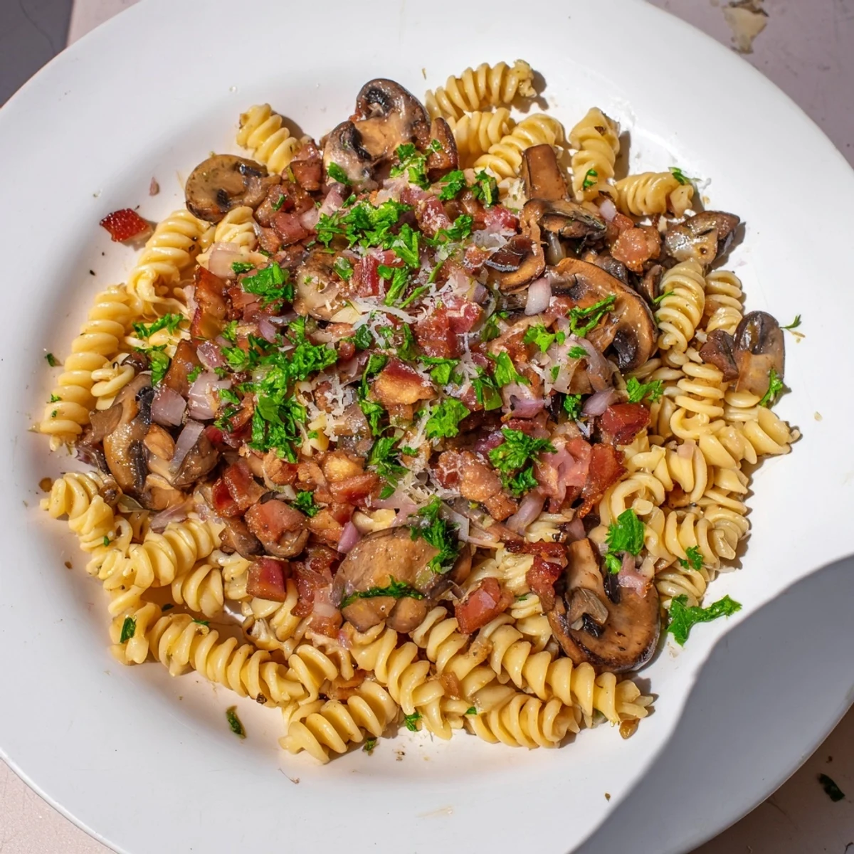 Savor the aroma: freshly made Fusilli with Bacon, Onions, and Mushrooms, a delicious Italian-inspired meal.