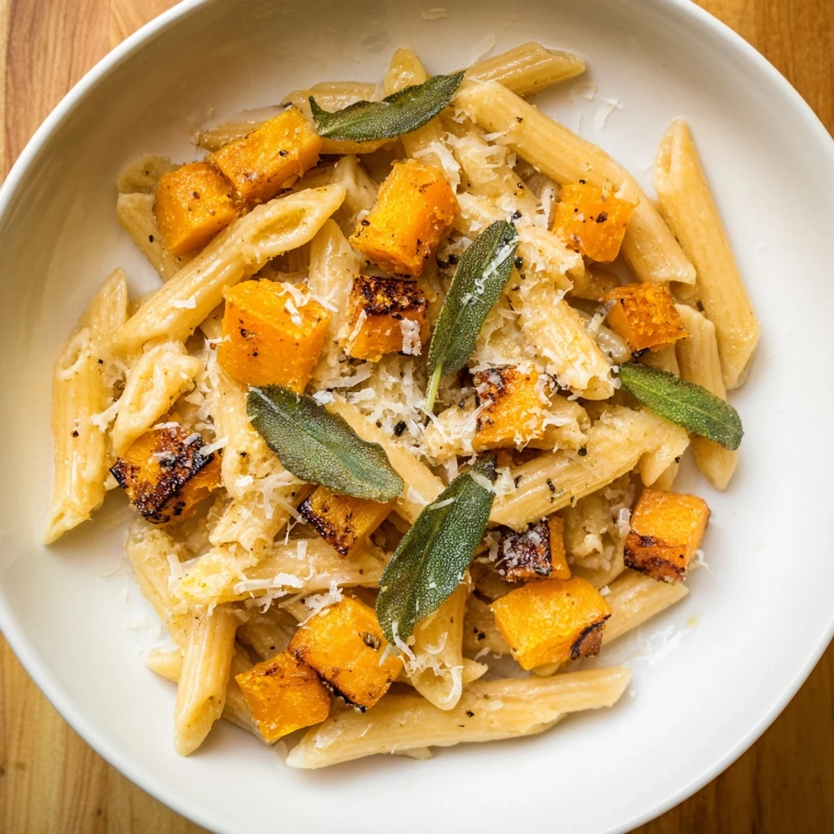 Golden butternut squash chunks mingle with penne pasta in this comforting brown butter pasta dish.