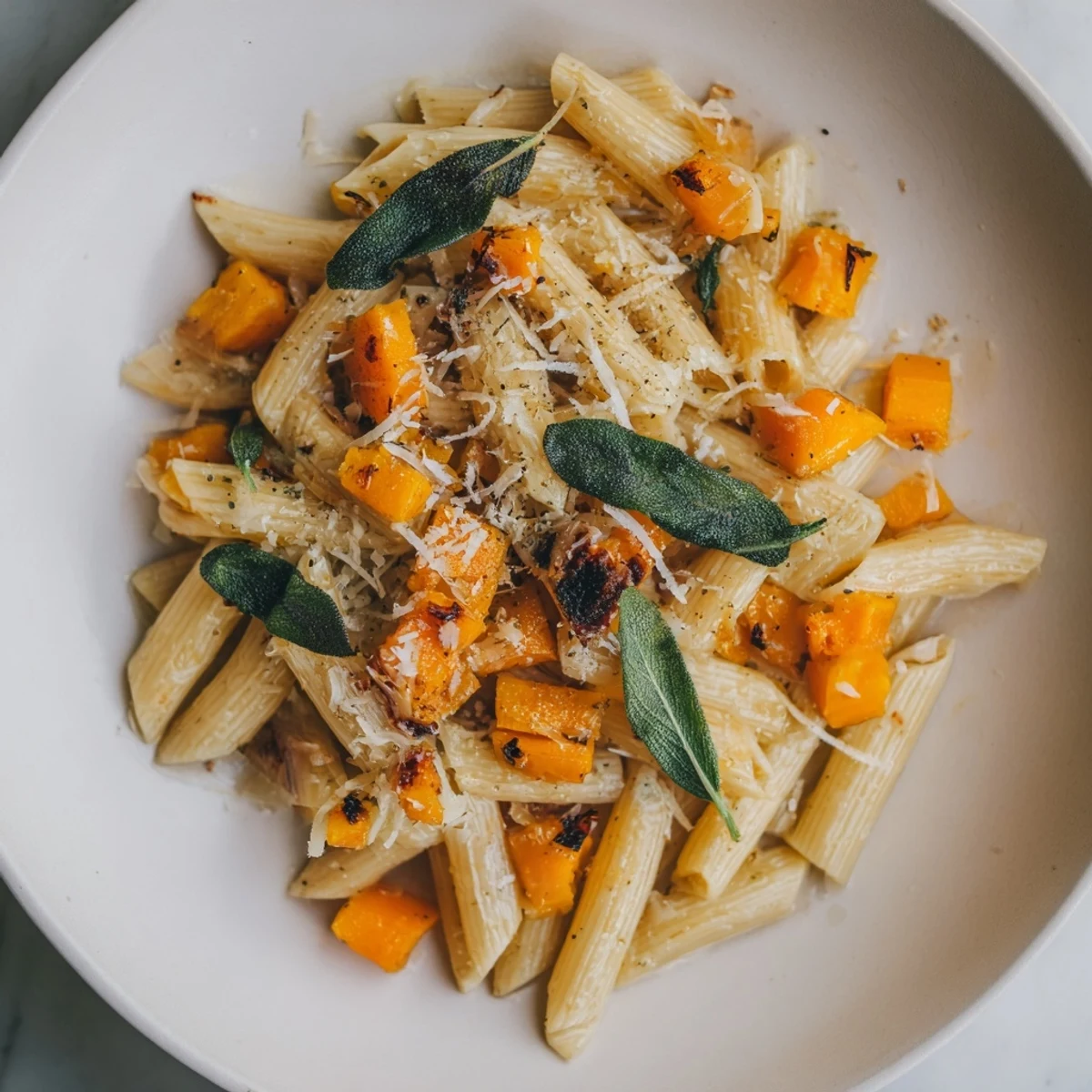 Fragrant sage and Parmesan cheese top this delicious brown butter pasta recipe, ready to serve.