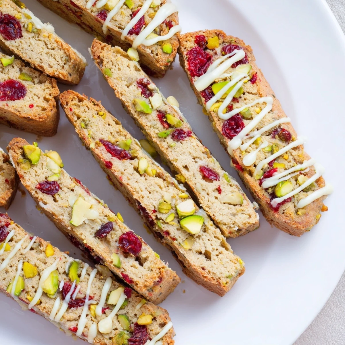 Close-up of baked White Chocolate Cranberry Pistachio Biscotti, drizzled with white chocolate, ready to enjoy.