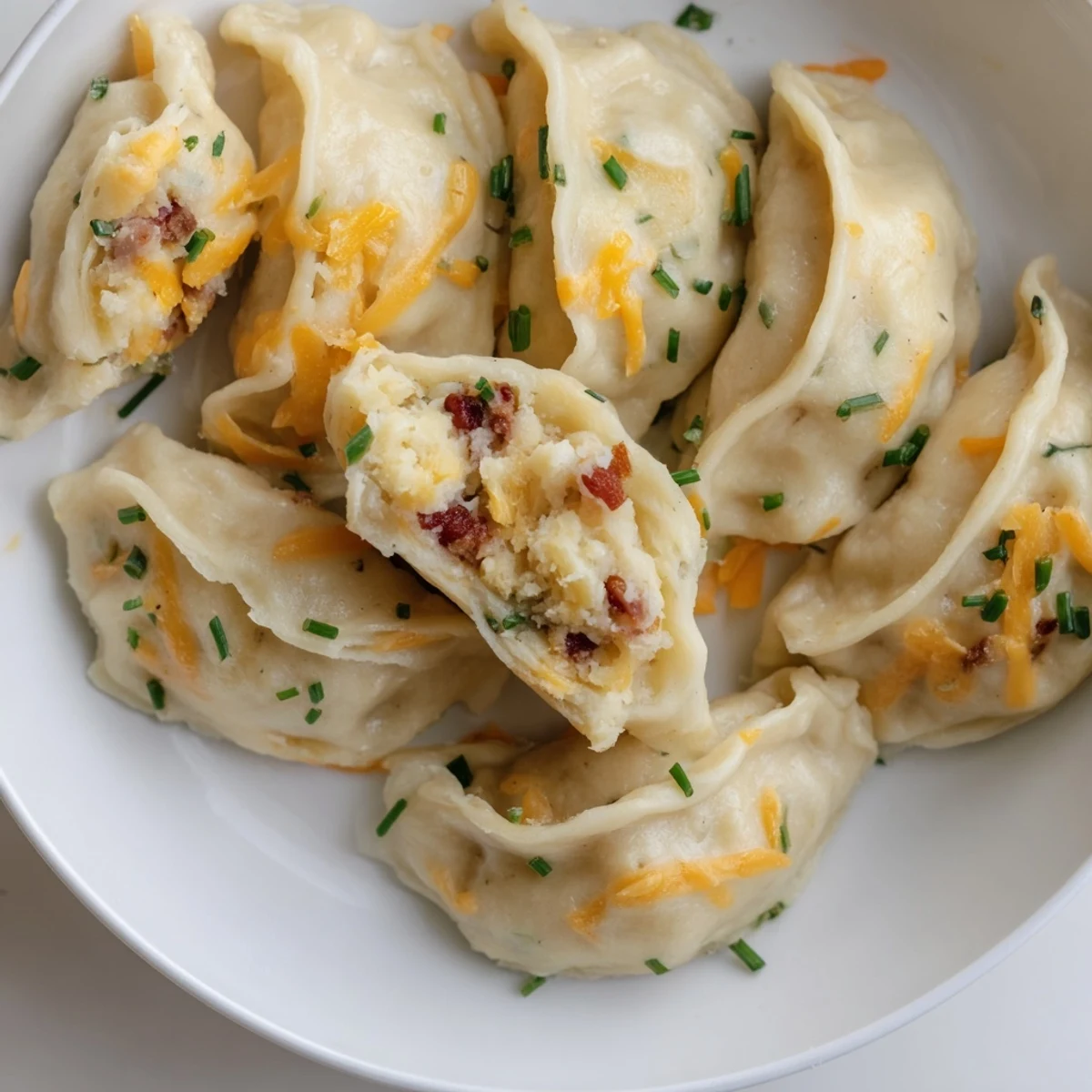 Savory Loaded Baked Potato Soup Dumplings, a creative appetizer served with extra bacon and sour cream.