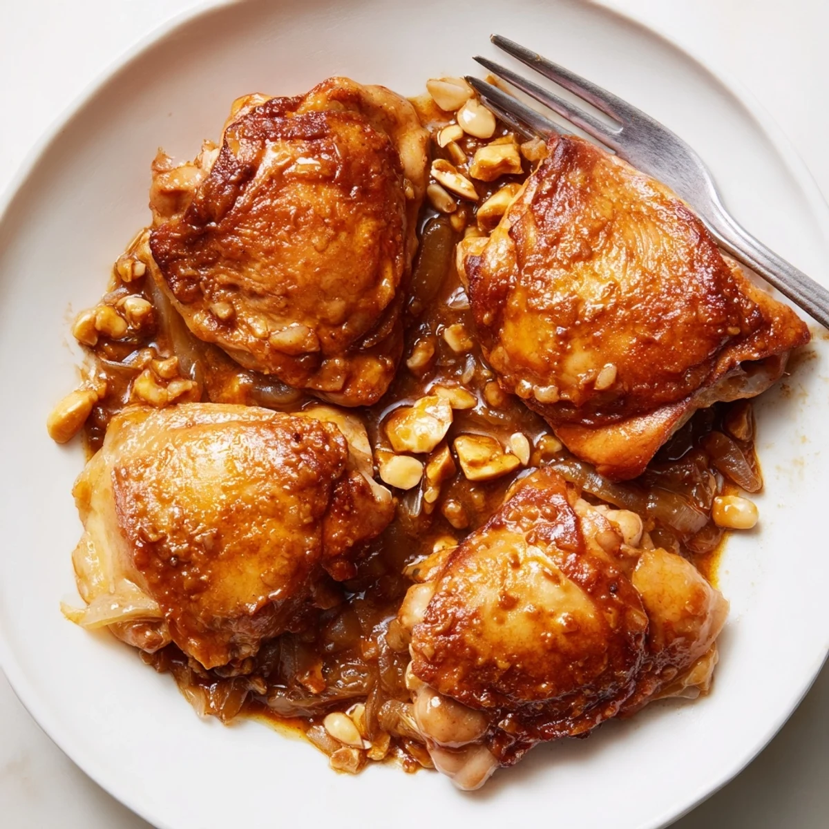 Close-up of Budget Fesenjan Stew with dark, tender chicken thighs and a rich, glossy sauce.