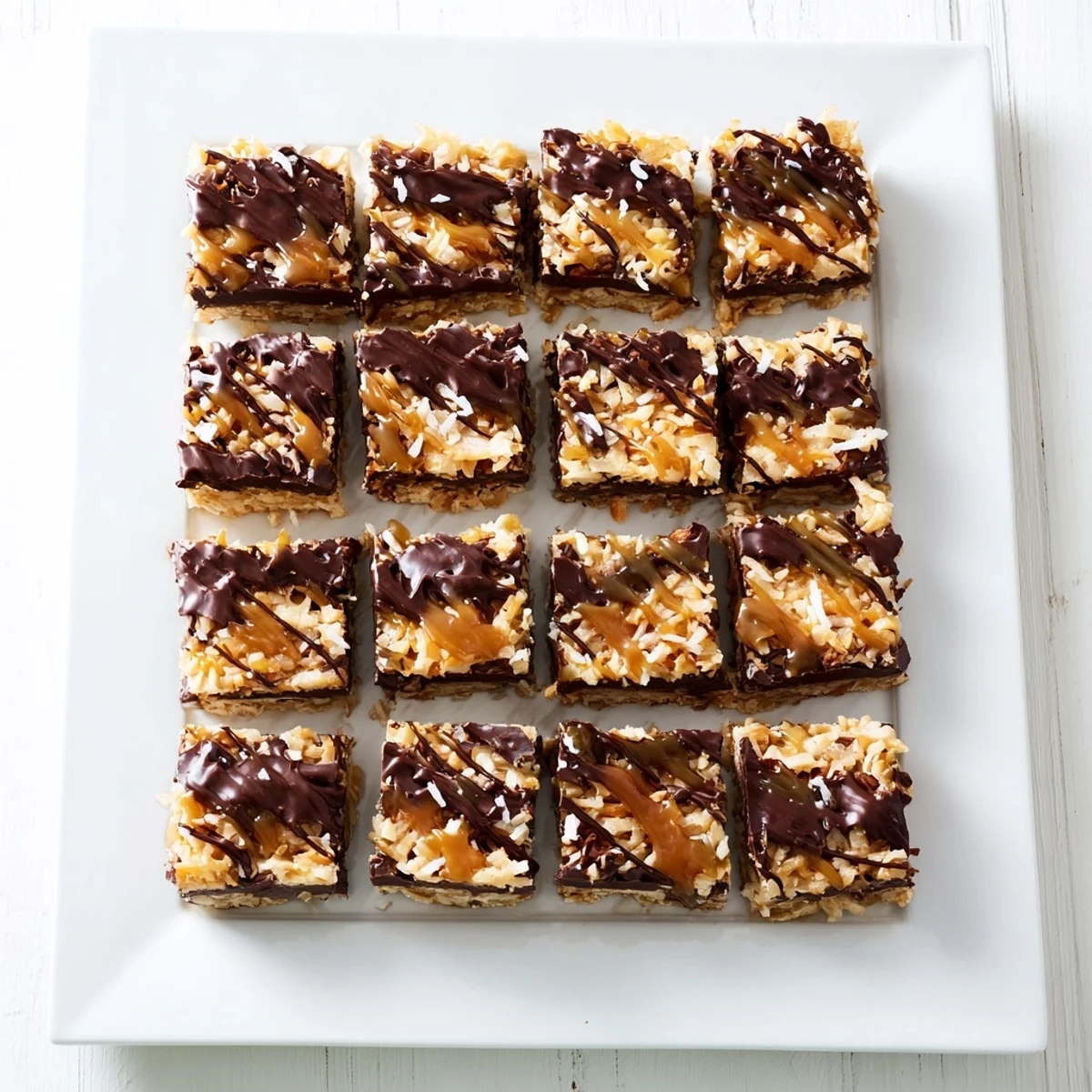 Close-up of baked 7-Layer Magic Bars glistening with a salted caramel drizzle, ready to eat.