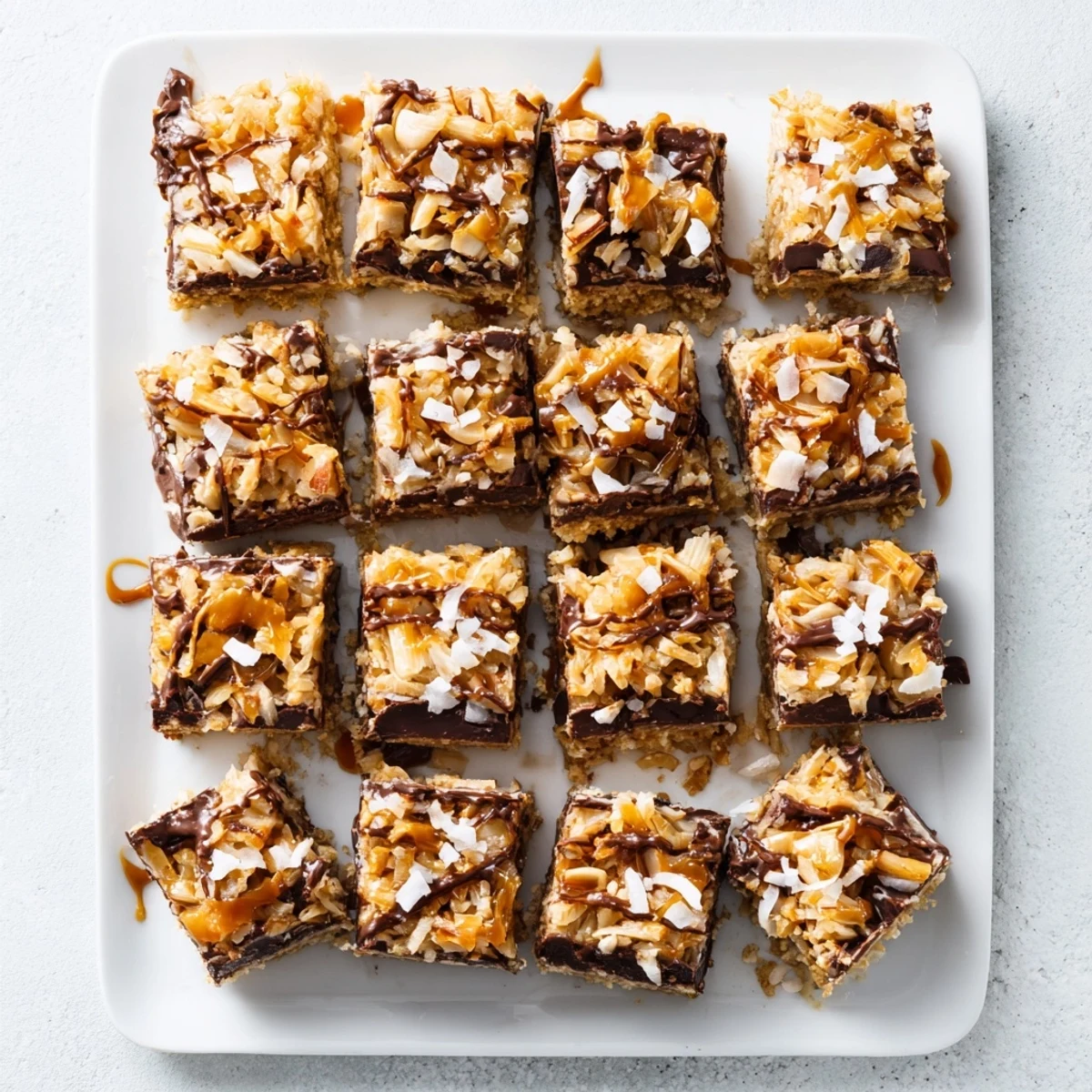 Freshly cut 7-Layer Magic Bars: a decadent dessert bursting with chocolate, coconut, and nuts.