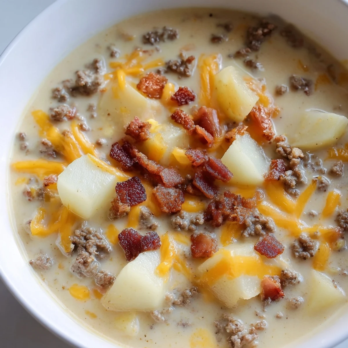 Steaming Crockpot Cheeseburger Soup topped with crispy bacon and fresh cheddar cheese, ready to serve.
