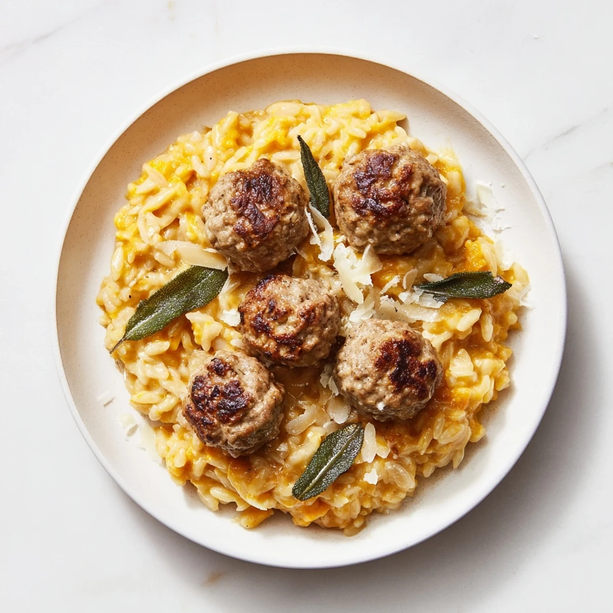 A photo showing a skillet of savory sage turkey meatballs bathed in creamy pumpkin orzo.