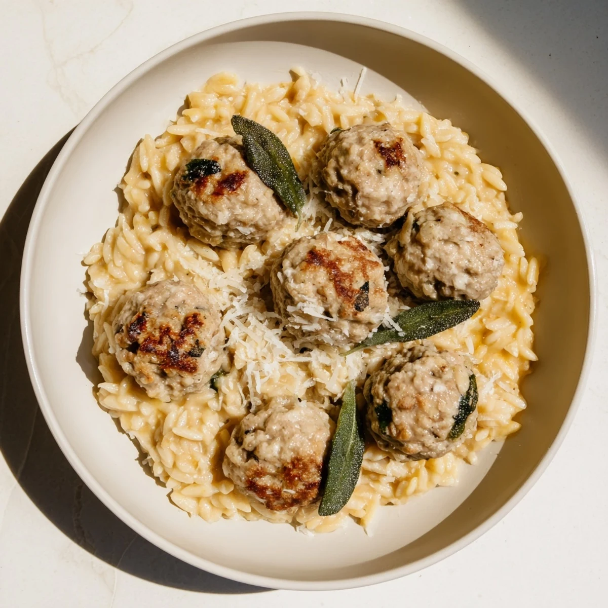 Glistening sage turkey meatballs nestle in a rich pumpkin orzo, a comforting autumn meal ready to serve.