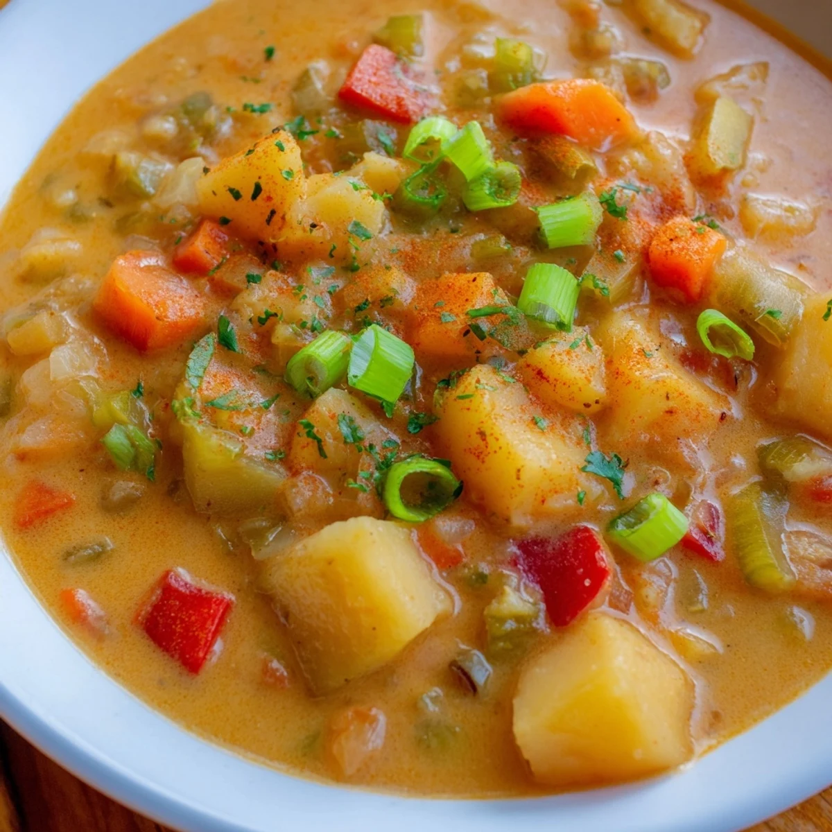 Slow Cooker Cajun Potato Soup, creamy and thick, garnished with green onions, ready to serve.