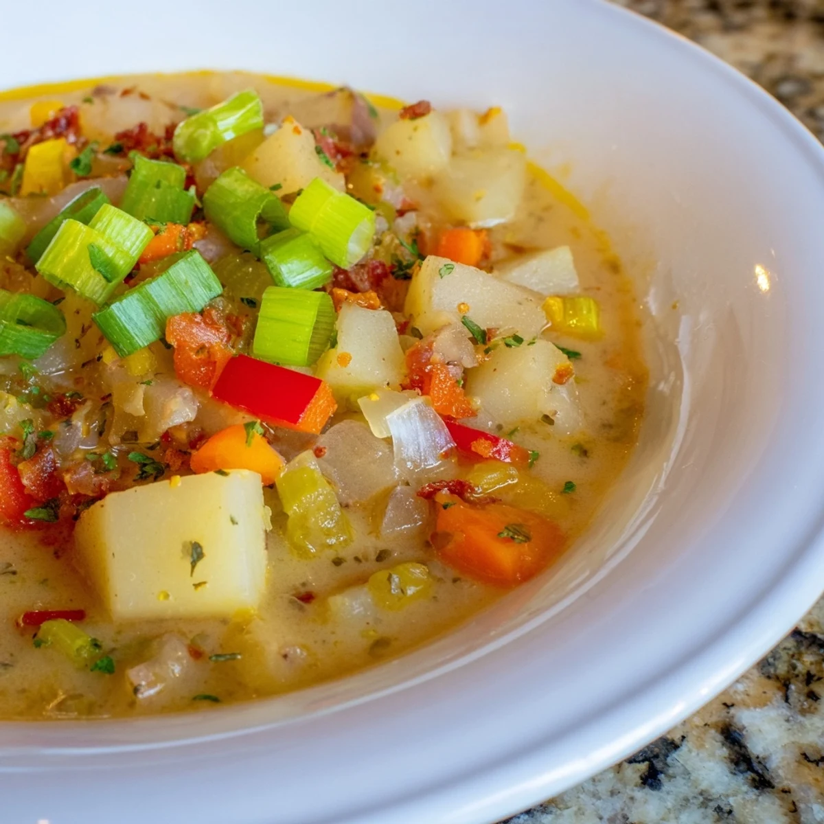 A steaming bowl of Slow Cooker Cajun Potato Soup, with visible chunks of potato and sausage.