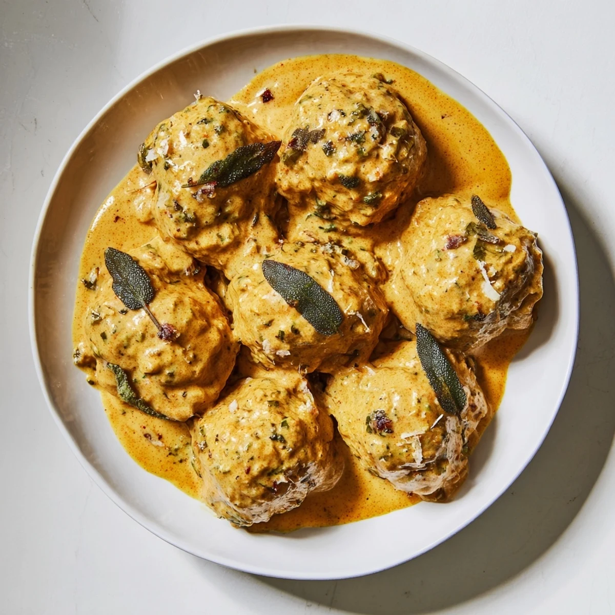 Creamy pumpkin sage sauce coats tender turkey meatballs in this warming comfort food dinner.