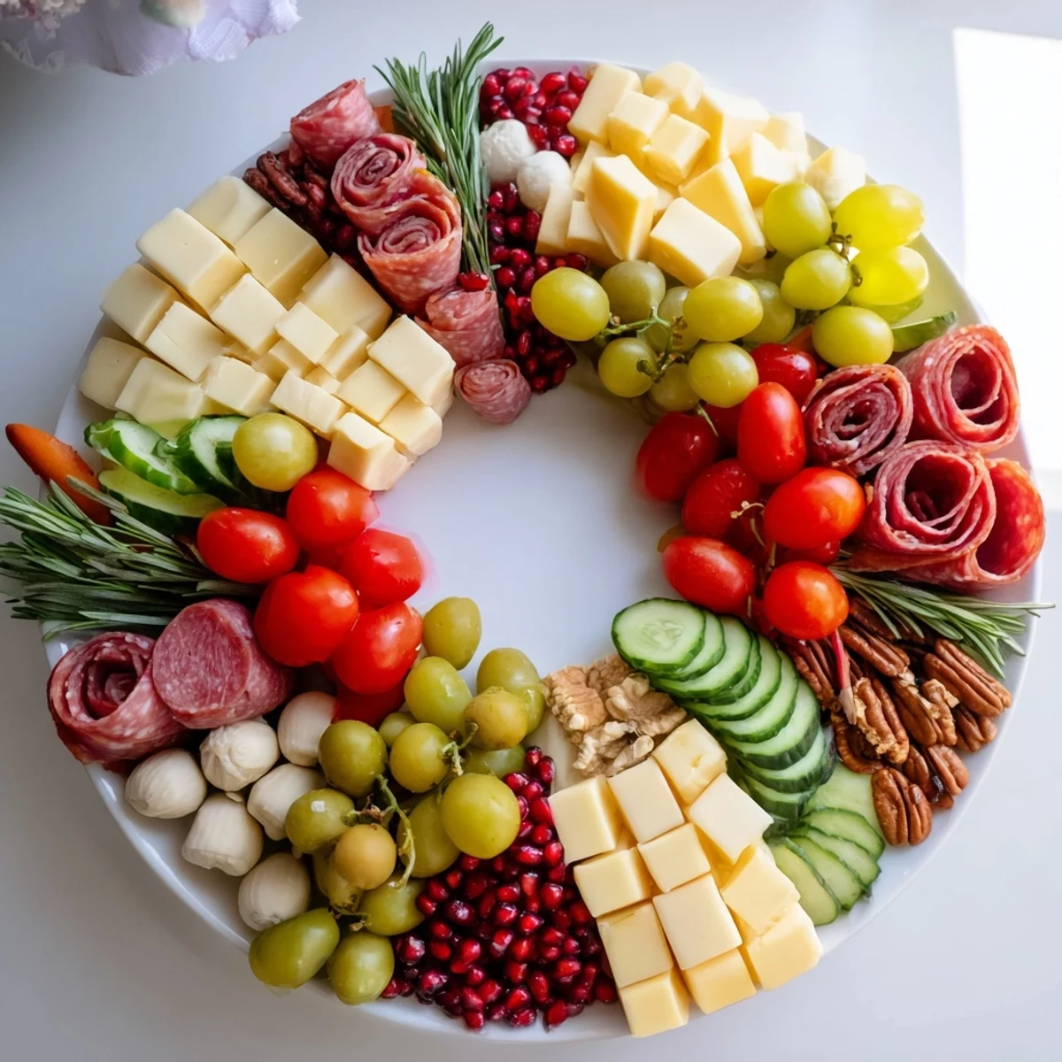 Quick Christmas Charcuterie Wreath Board overflowing with cheeses, meats, and vibrant fruits, ready to serve.