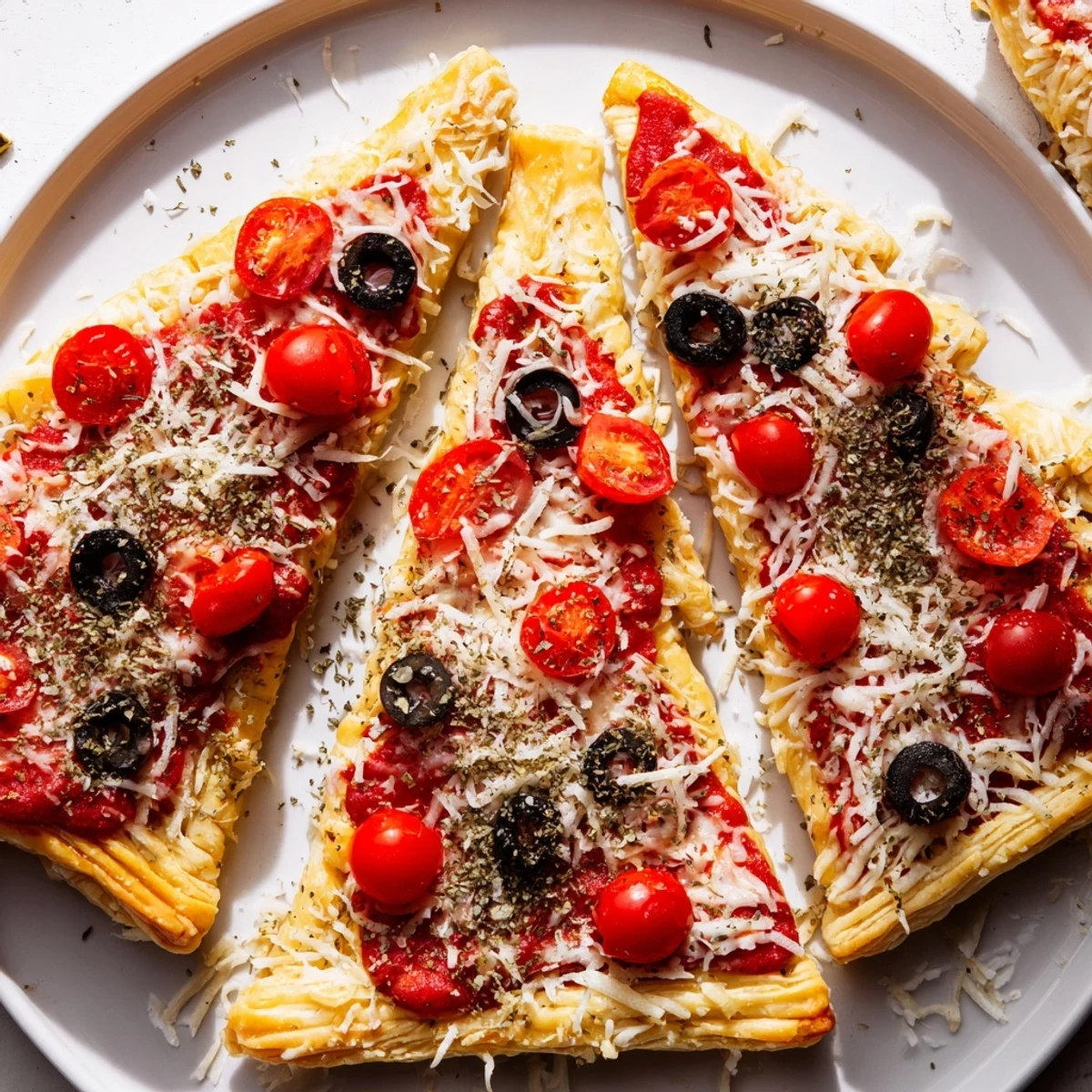 Golden, cheesy puff pastry Christmas tree pizza bites, perfect for a festive holiday appetizer.