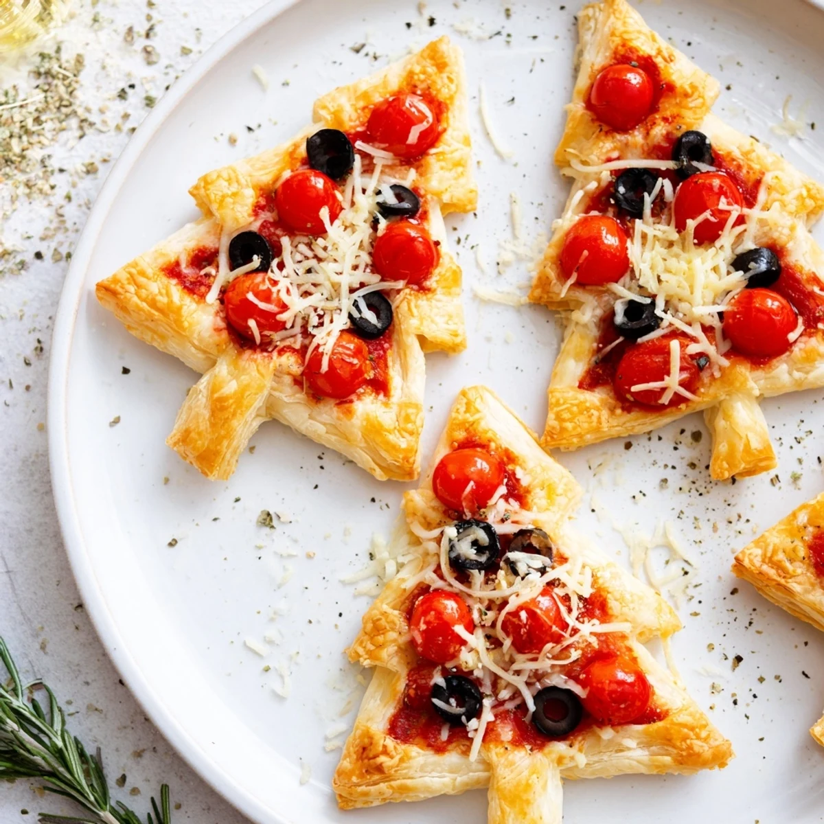 Oven-baked puff pastry Christmas tree pizza bites, topped with melted cheese, tomatoes, and olives.