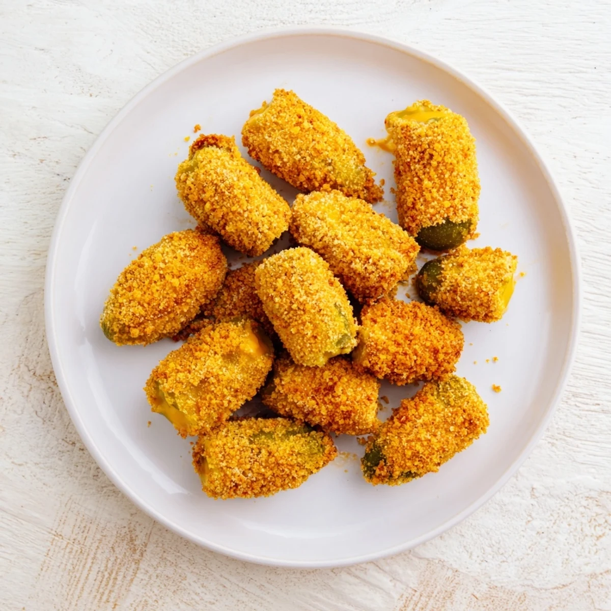 Close-up of cheese-wrapped pickle ornaments, perfectly fried with a delicious textural and flavor contrast.