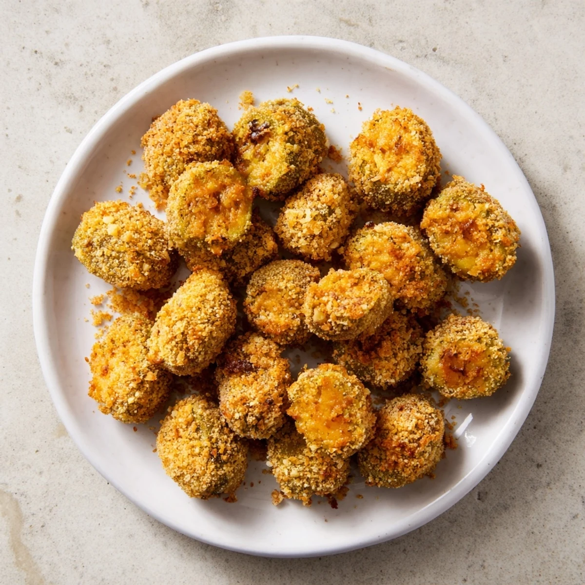 Golden-brown, crispy cheese-wrapped pickle ornaments served with a creamy dipping sauce for a festive appetizer.