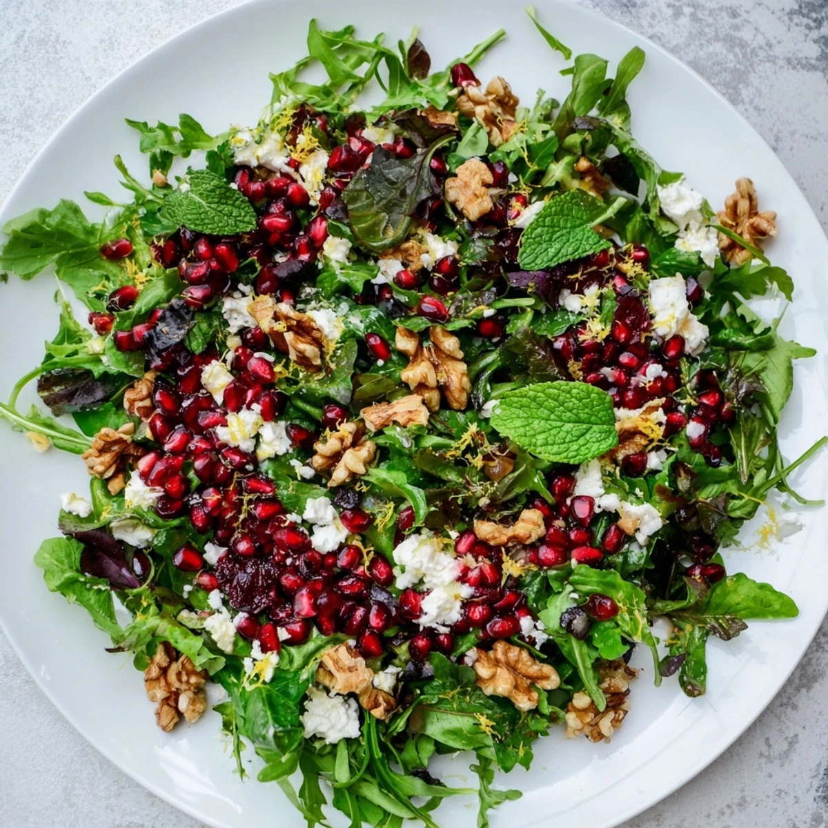 Vibrant Pomegranate Feta Wreath Salad with ruby red pomegranate jewels and creamy feta on greens.