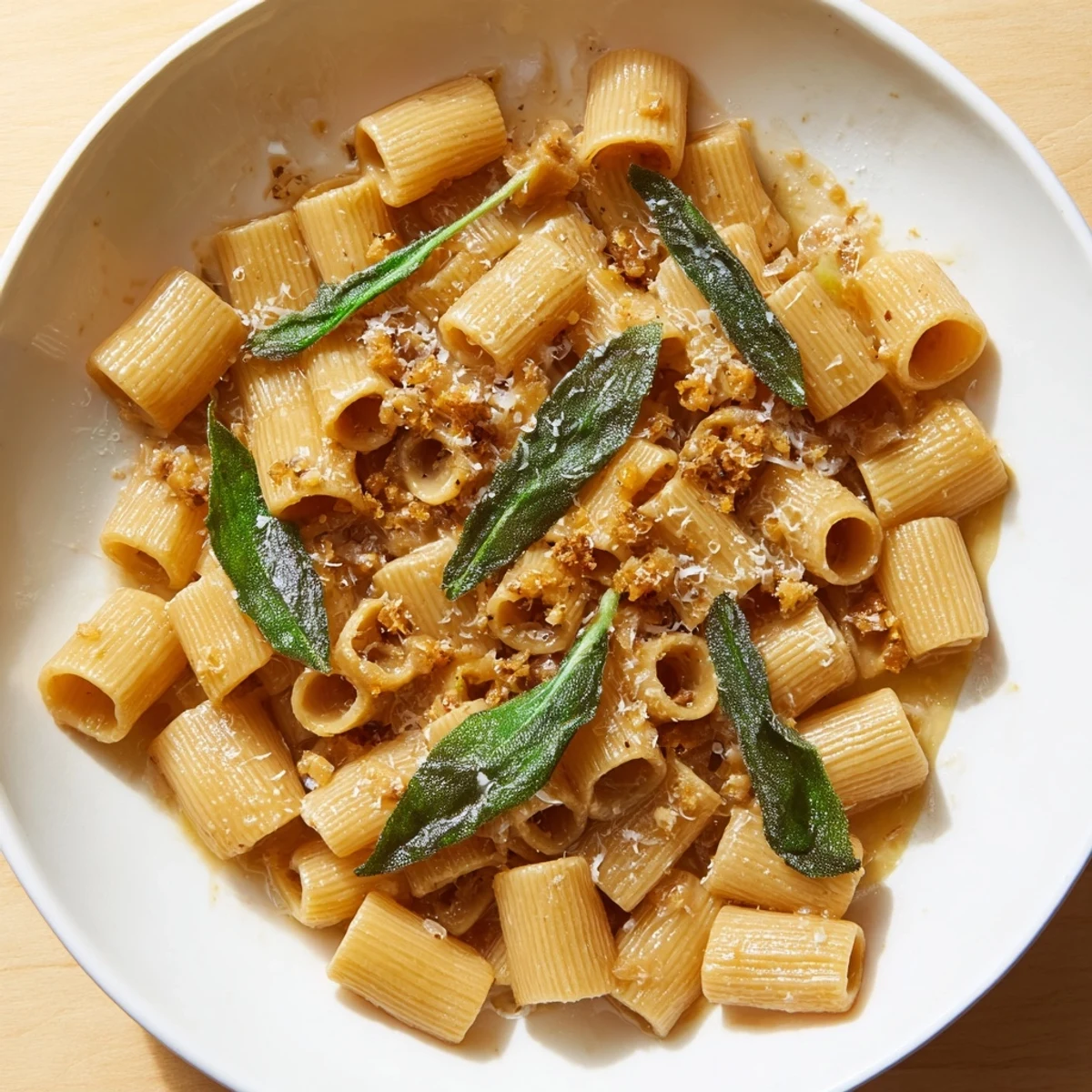 A close-up shot of Brown Butter & Sage Ditalini pasta, ready to serve with Parmesan and lemon.