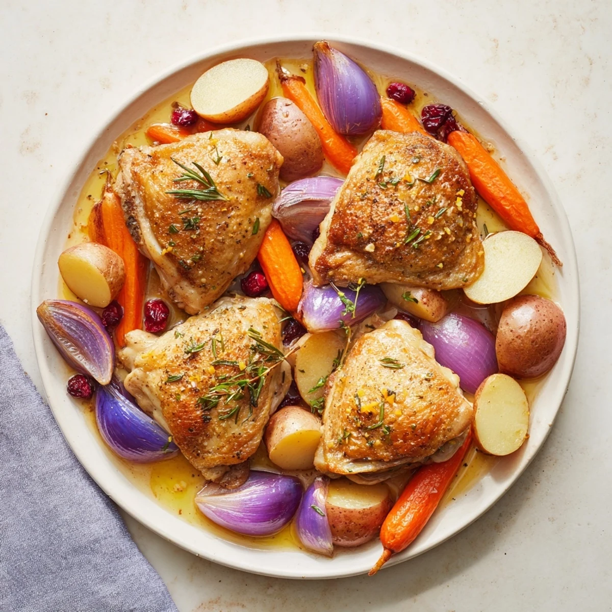 Golden-brown One-Pan Olive Oil Roast Chicken, with vibrant cranberries and tender vegetables on the pan.