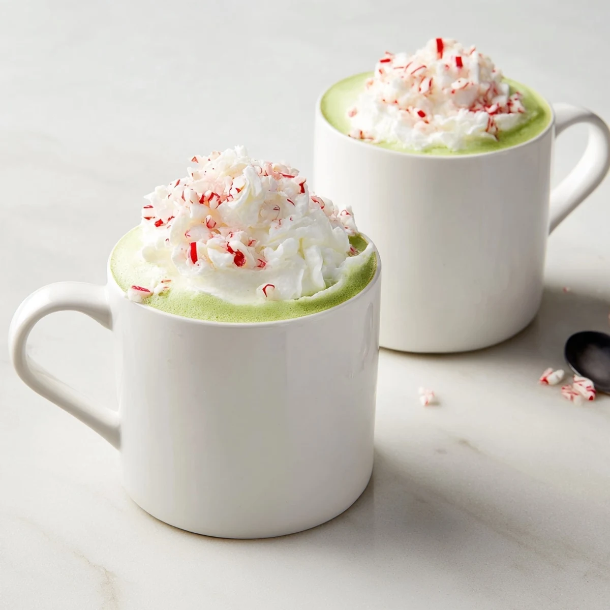 Two Cozy Peppermint Matcha Christmas Lattes, garnished, inviting with a perfect holiday feel.