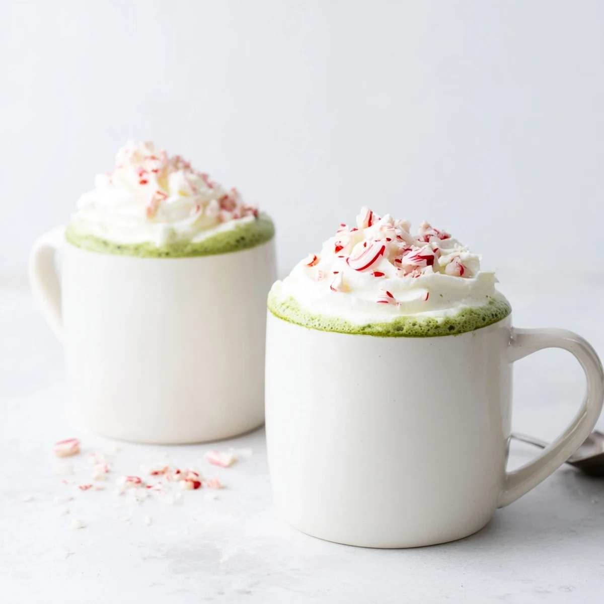 A festive, vibrant closeup of a Cozy Peppermint Matcha Christmas Latte with a drizzled design.