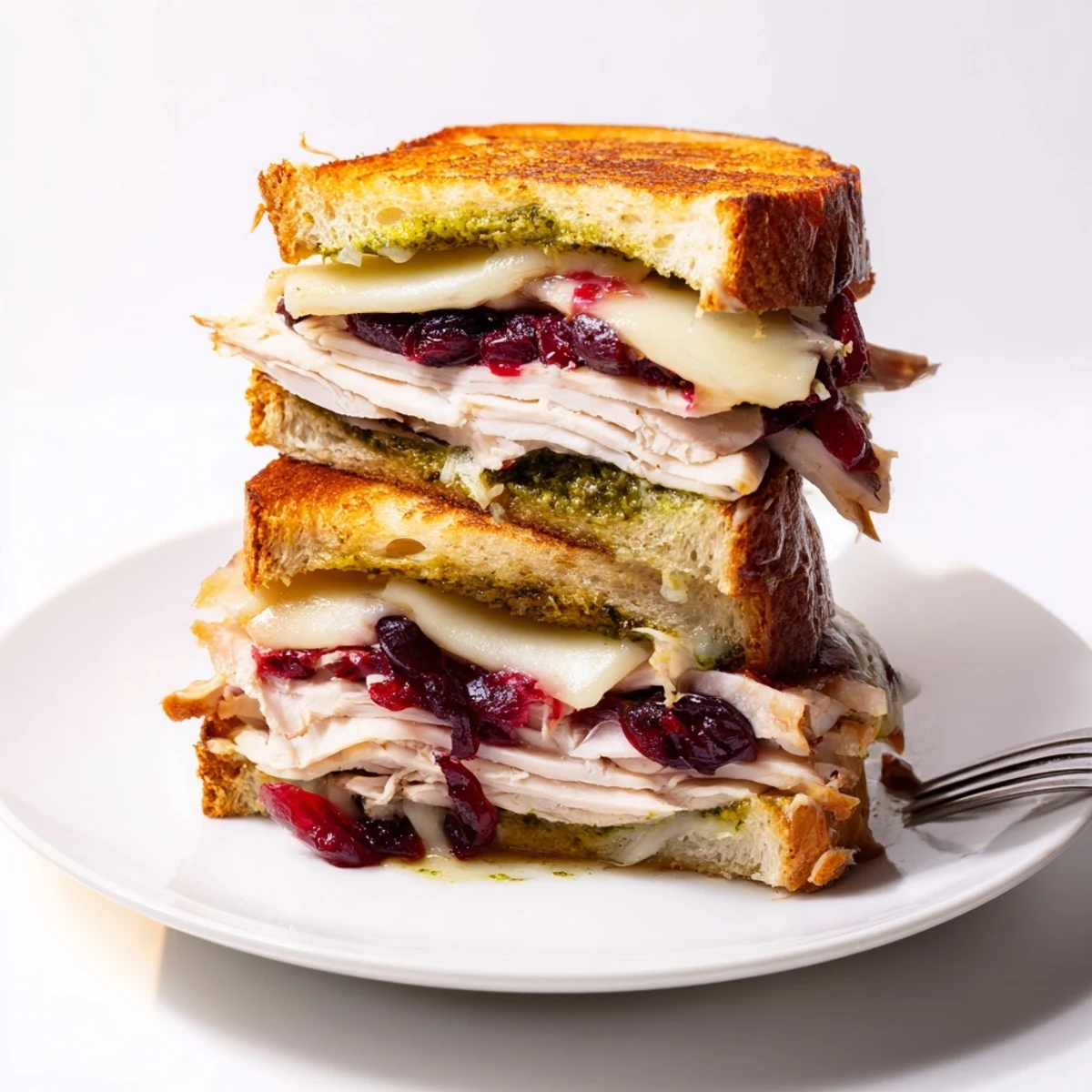 A perfectly toasted Pesto Cranberry Turkey Grilled Cheese reveals warm turkey and tangy cranberry layers.