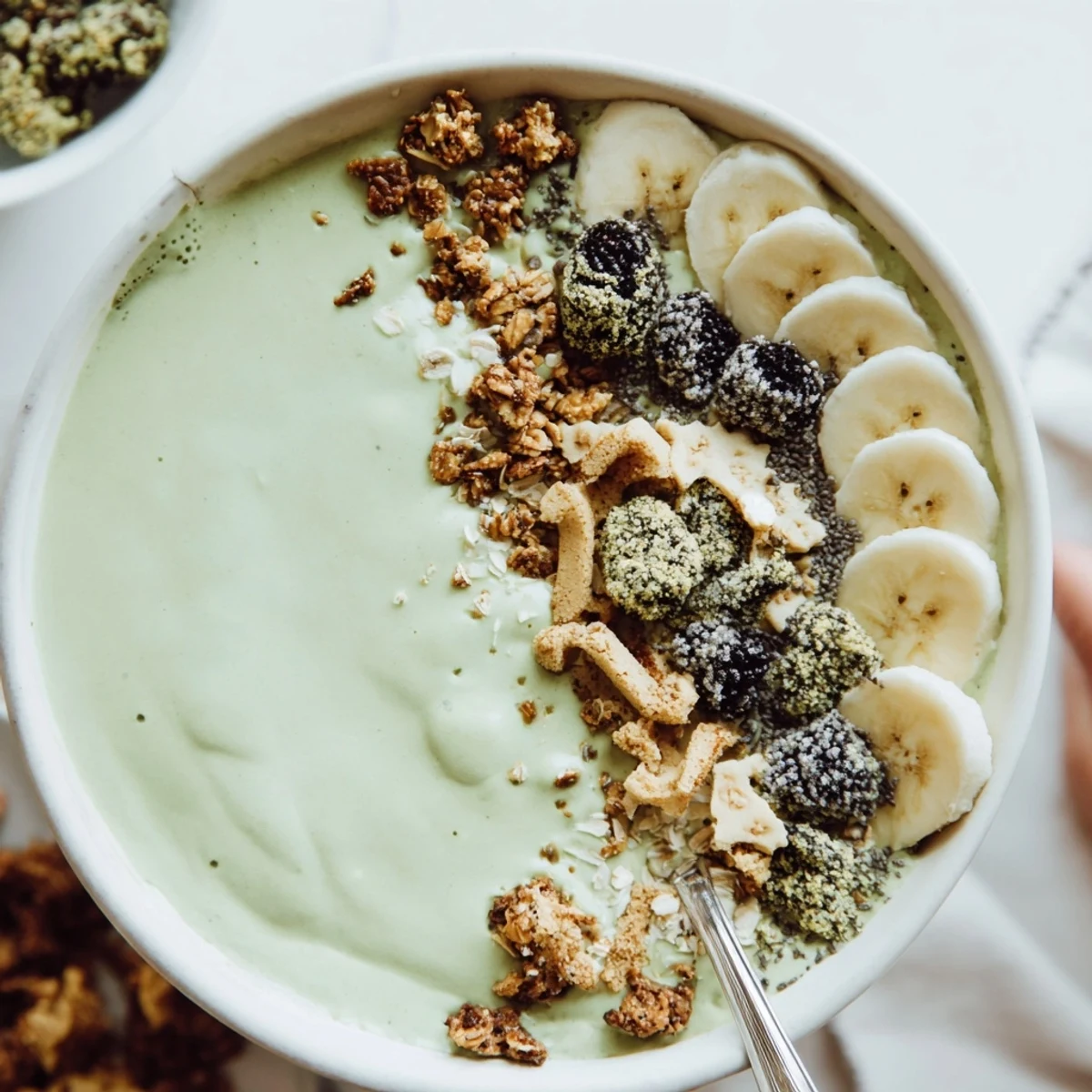 Vibrant Gingerbread Cookie Matcha Breakfast Smoothie Bowl topped with colorful granola and fresh berries.