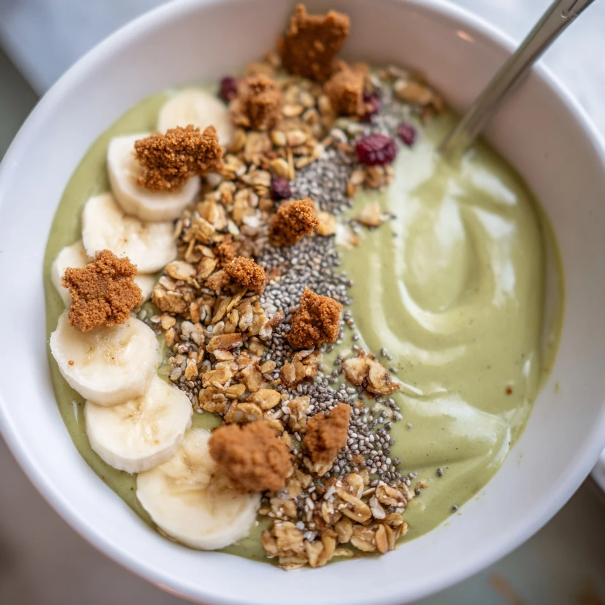 Creamy Gingerbread Cookie Matcha Breakfast Smoothie Bowl, a beautifully layered bowl ready to be enjoyed.