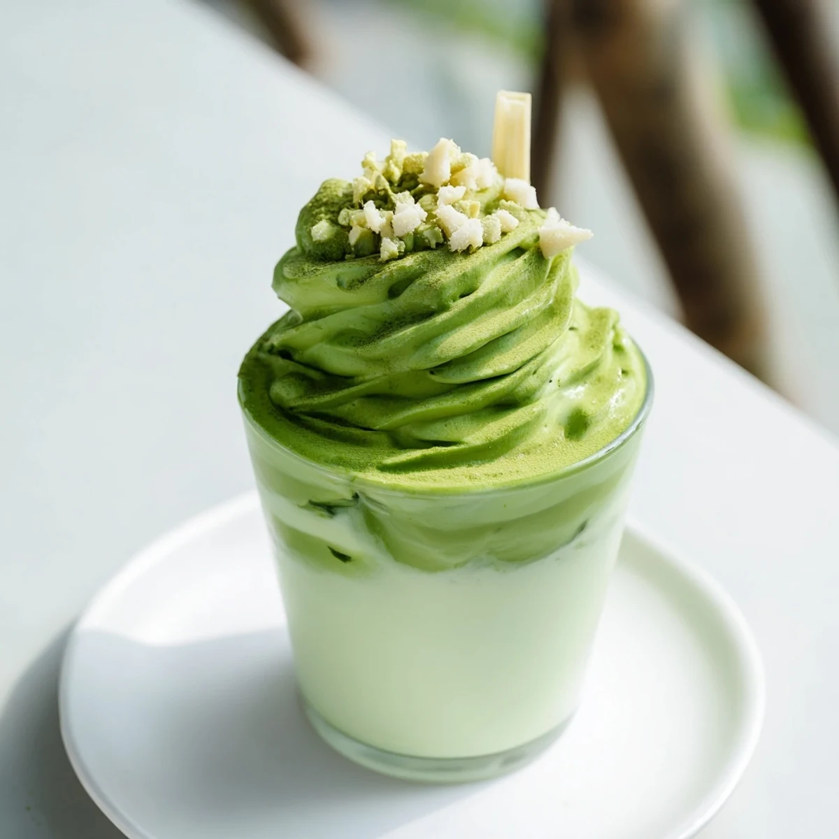 Enjoy a refreshing Sugar-Free White Chocolate Candy Cane Iced Matcha, topped with mint and whipped goodness.